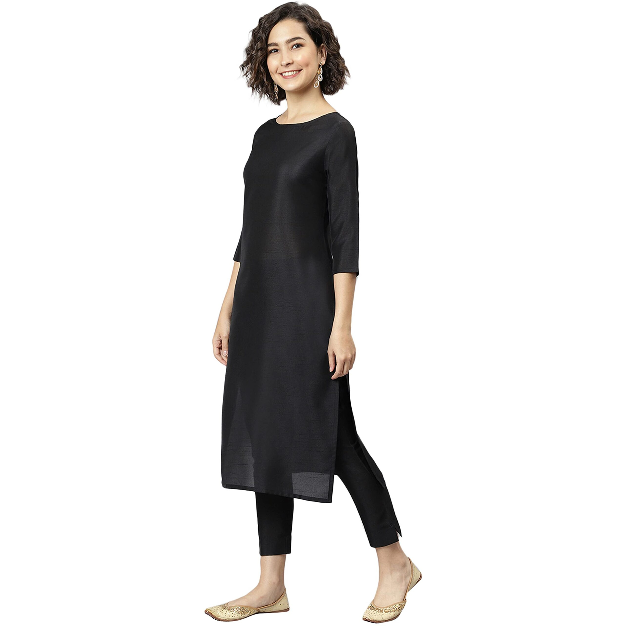 Janasya Women's Black Poly Silk Kurta With Pant And Art Silk Dupatta(Black_X-Small)