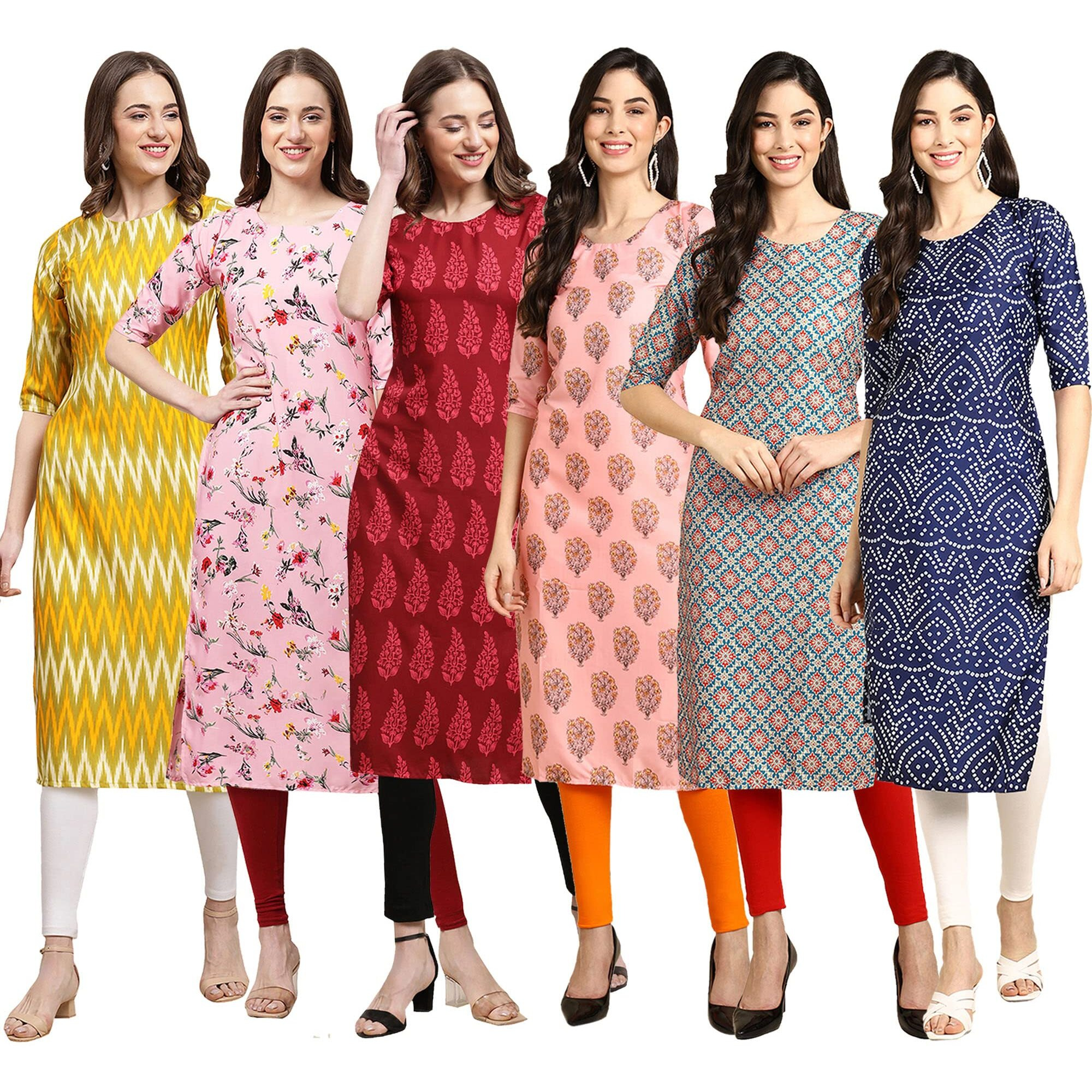 Pinkmint Women's Crepe Digital Print Straight Kurta Pack of 6 [CR-329-339-337-368-372-366-M]