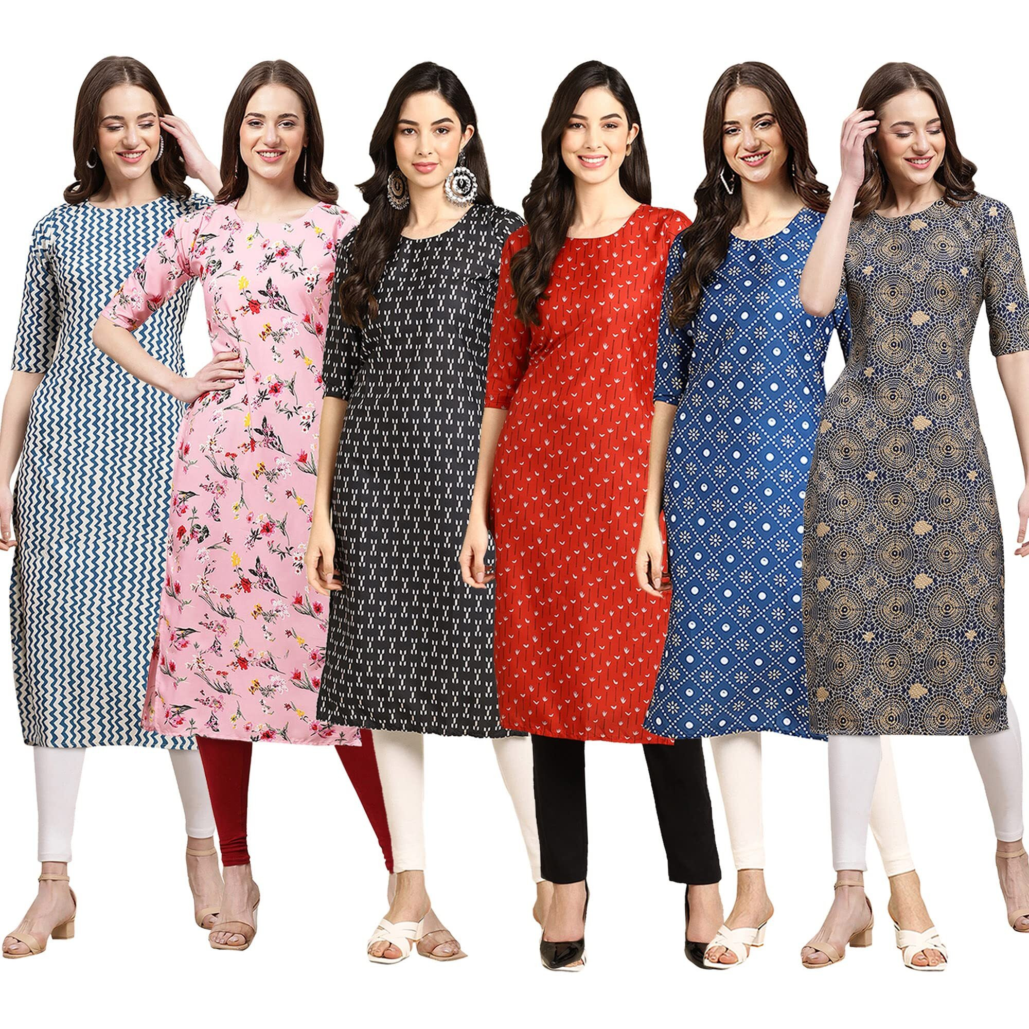 Pinkmint Women's Crepe Digital Print Straight Kurta Pack of 6 [CR-331-339-362-370-353-341-S]