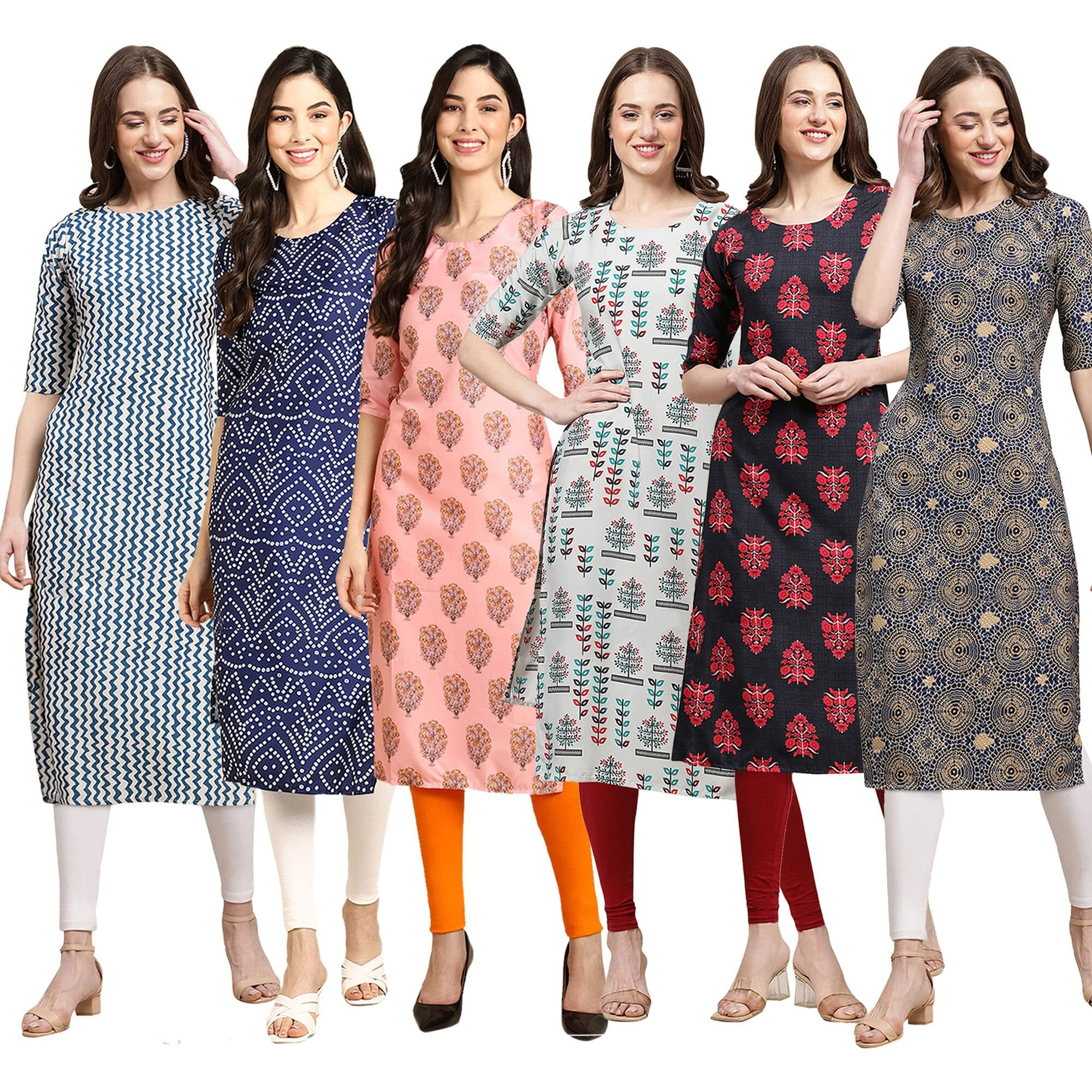Pinkmint Women's Crepe Digital Print Straight Kurta Pack of 6 [CR-331-366-368-340-345-341-M]