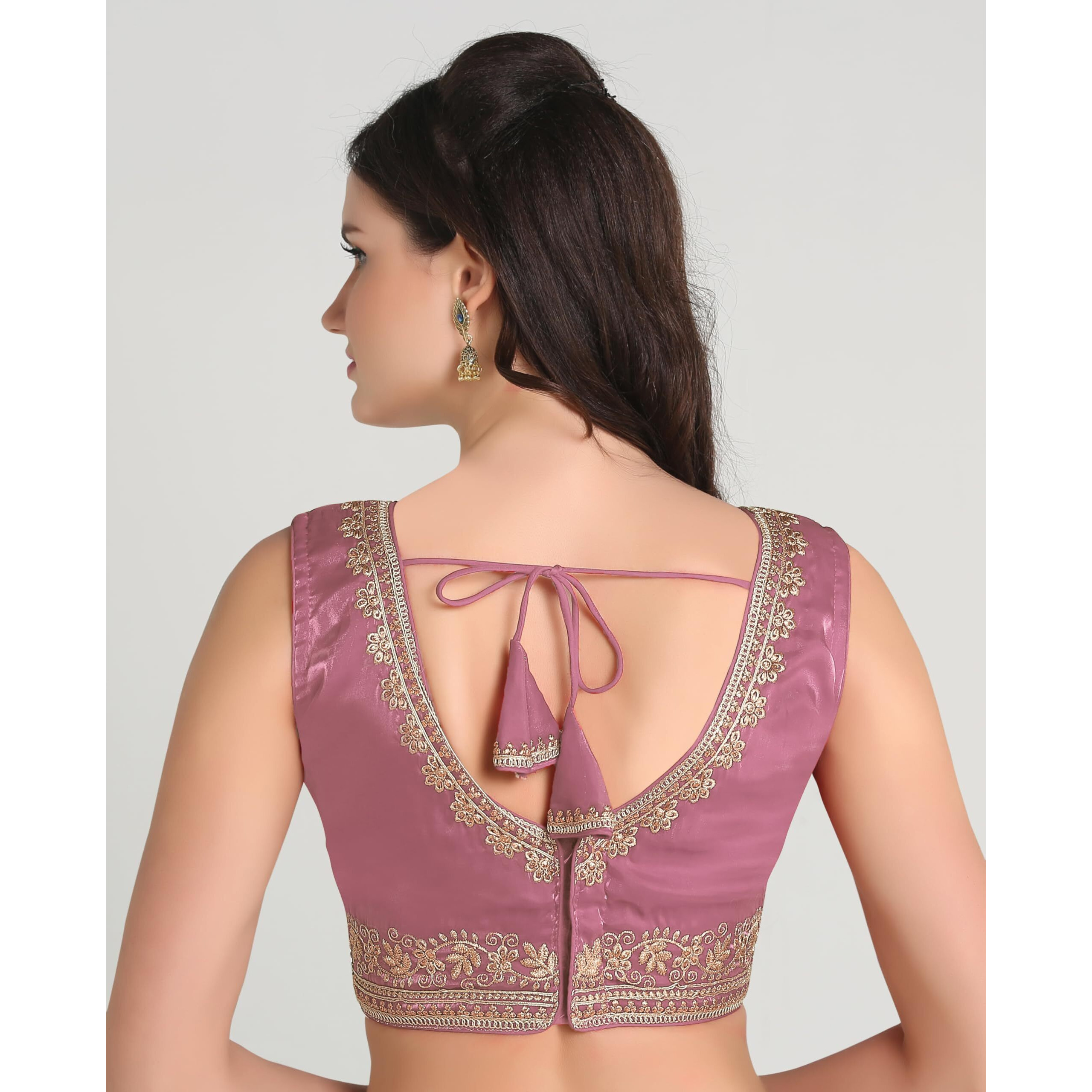 Pujia Mills Women's Sequin Embroidered V Neck Sleeveless Readymade Saree Blouse Indian Ethnic Designer Stitched Readymade Saree Blouse Sleeveless Blouse Readymade Blouse for Women (Onion, 38)