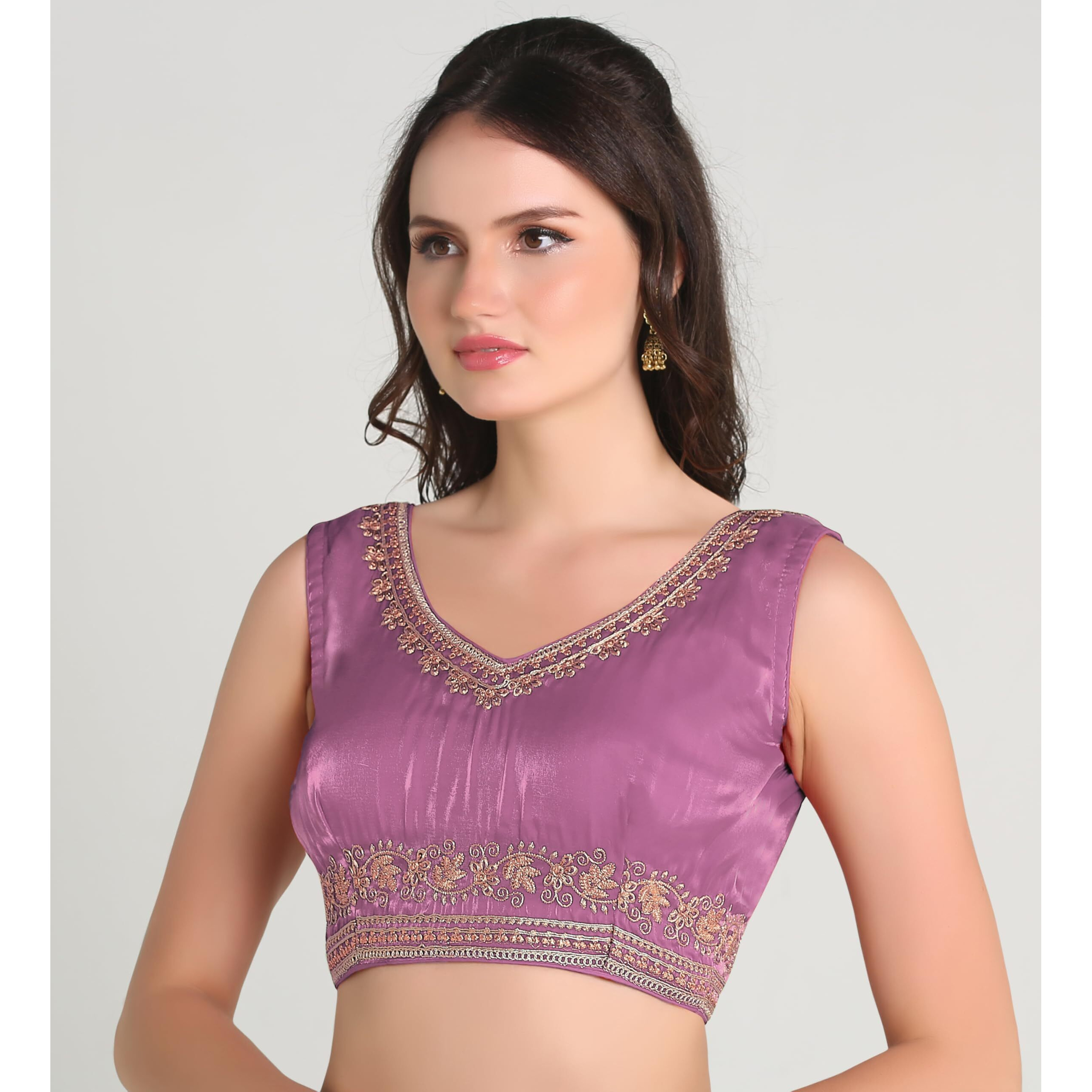 Pujia Mills Women's Sequin Embroidered V Neck Sleeveless Readymade Saree Blouse Indian Ethnic Designer Stitched Readymade Saree Blouse Sleeveless Blouse Readymade Blouse for Women (Onion, 38)