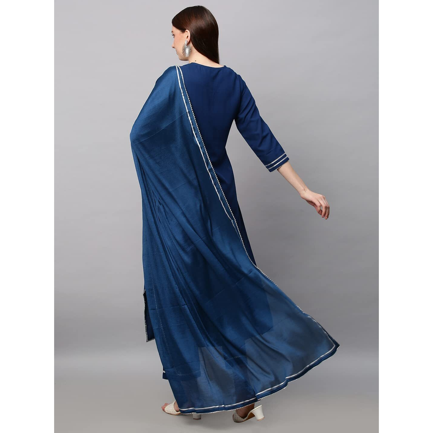 ANNI DESIGNER Women's Cotton Blend Straight Embroidered Kurta with Pant & Dupatta Set (Dhati Kerosin_M_Dark Blue_Medium)