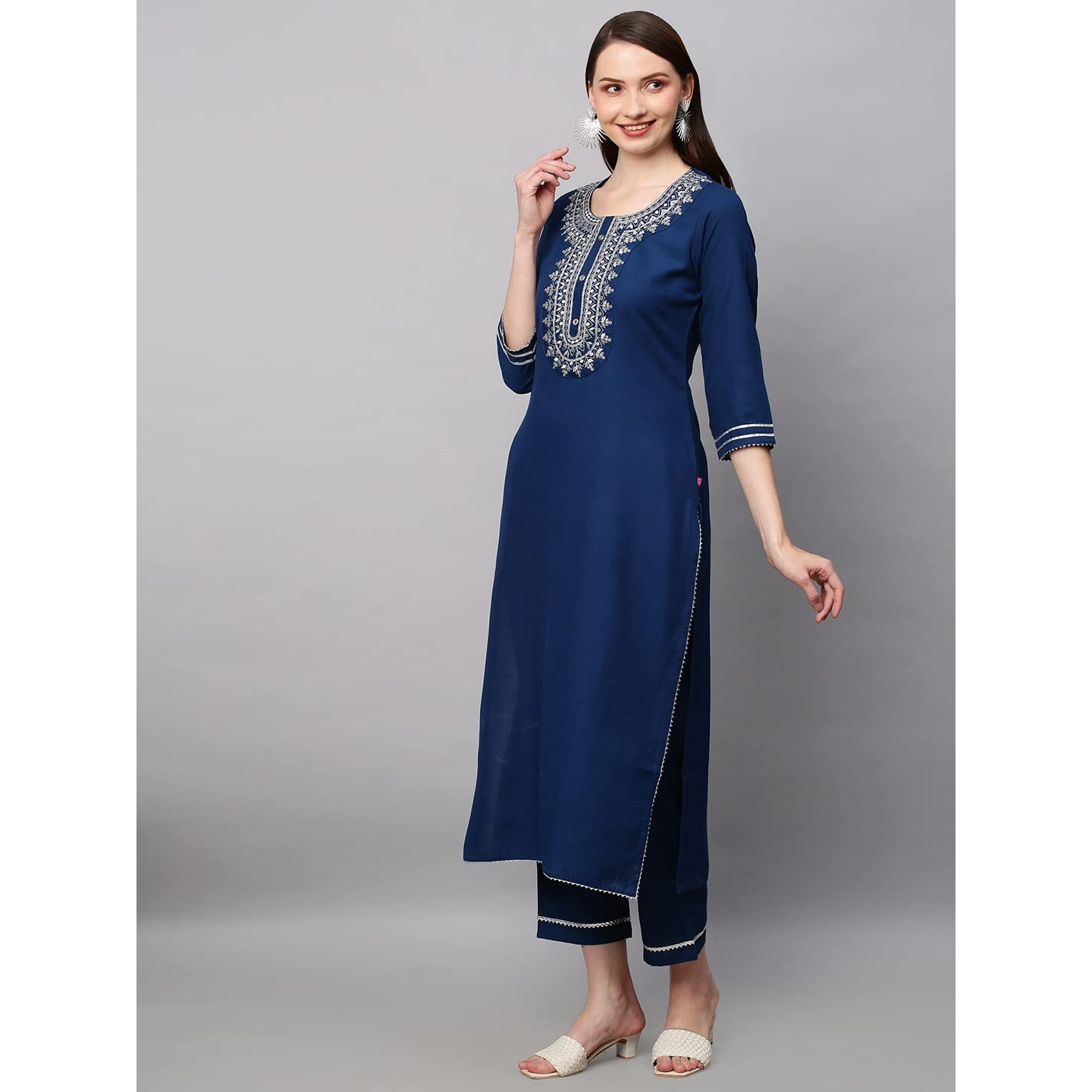 ANNI DESIGNER Women's Cotton Blend Straight Embroidered Kurta with Pant & Dupatta Set (Dhati Kerosin_M_Dark Blue_Medium)