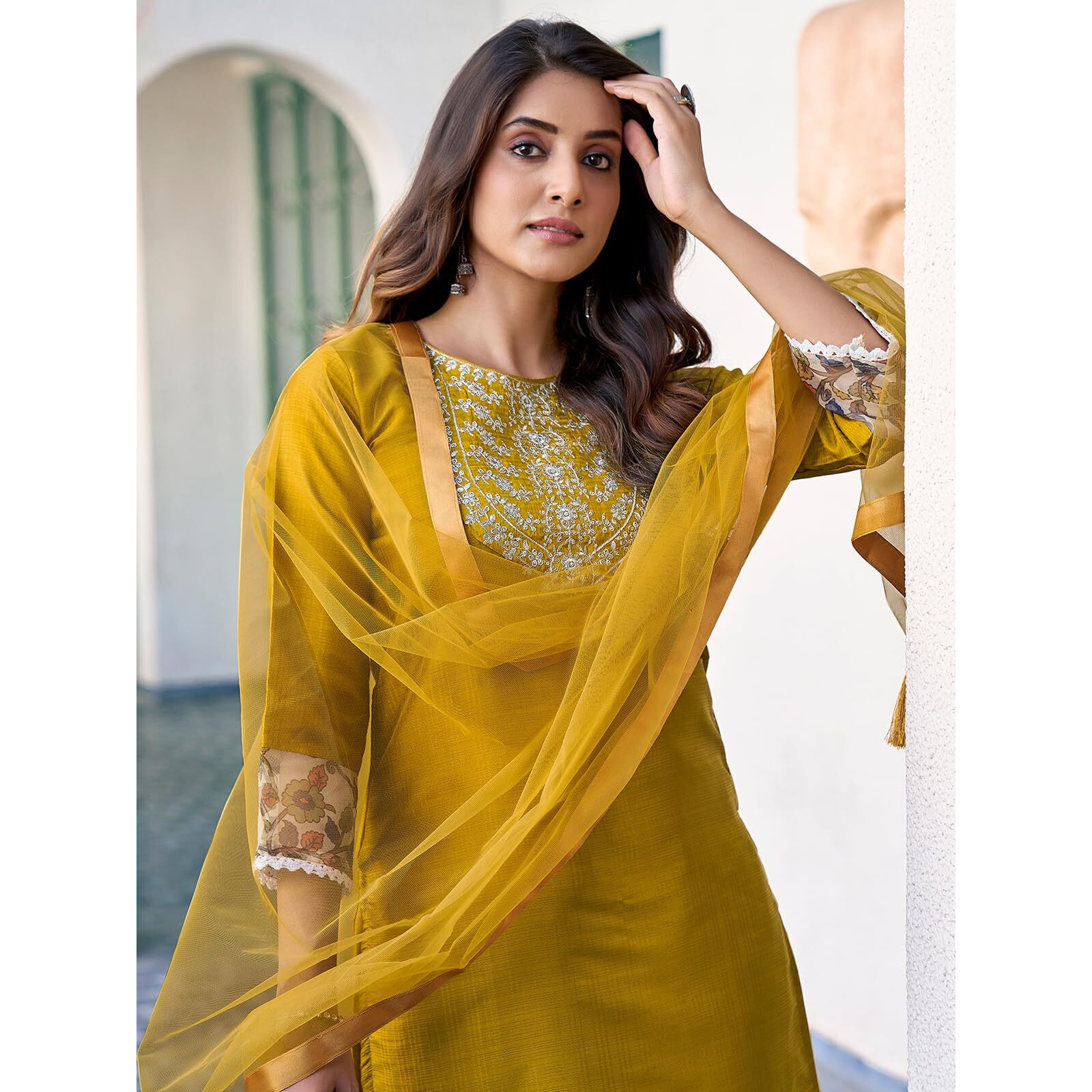 Sanisa Women's Art Silk Sequence Embroidery Work Straight Kurta with Pant and Dupatta (163KBD1753N-S_Mustard Yellow3)