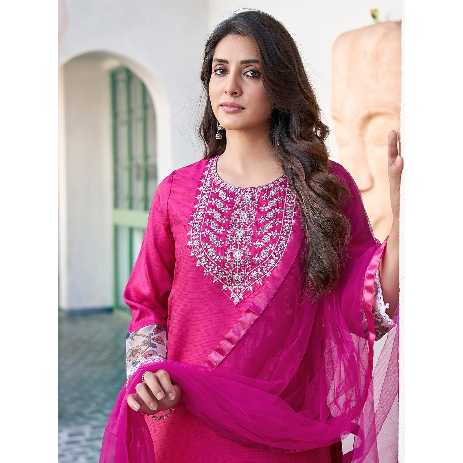 Sanisa Women's Art Silk Sequence Embroidery Work Straight Kurta with Pant and Dupatta (163KBD1754N-S_Dark Pink4)