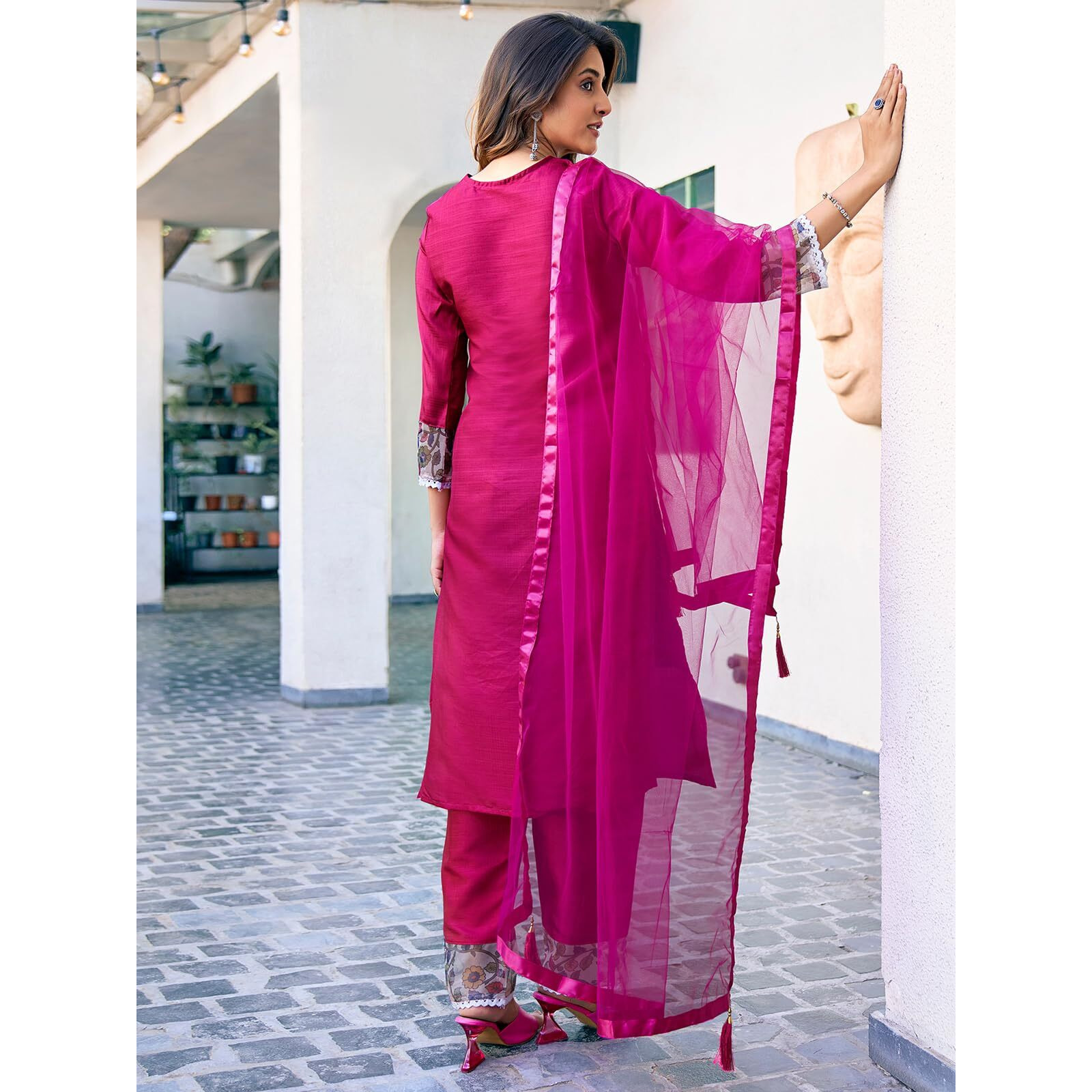 Sanisa Women's Art Silk Sequence Embroidery Work Straight Kurta with Pant and Dupatta (163KBD1754N-S_Dark Pink4)