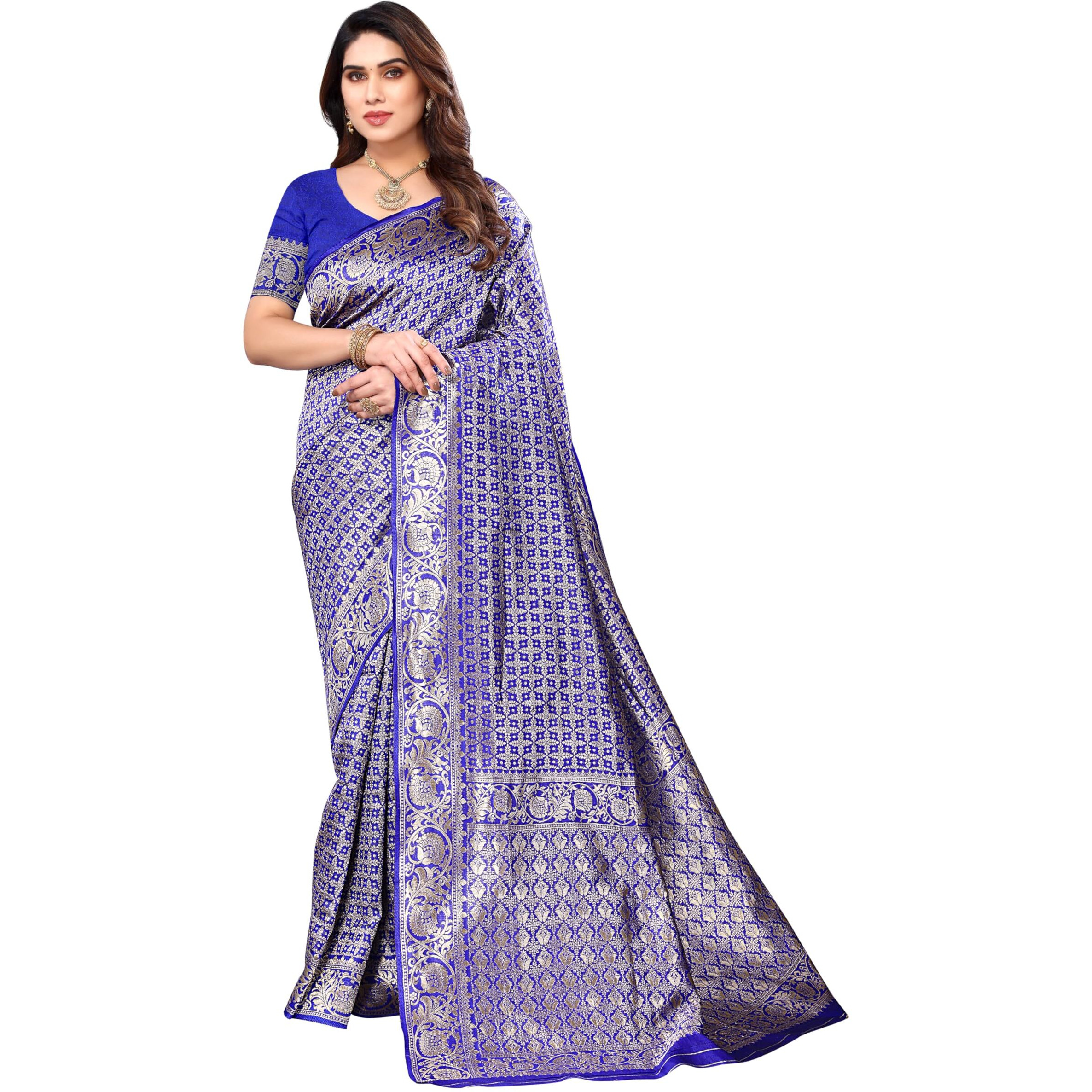 StyleScope Women's Banarasi Silk Jacquard Kanjivaram Saree With Litchi Silk Unstitched Blouse Piece (Silk Khasturi Royal Blue_Royal Blue_Free Size)
