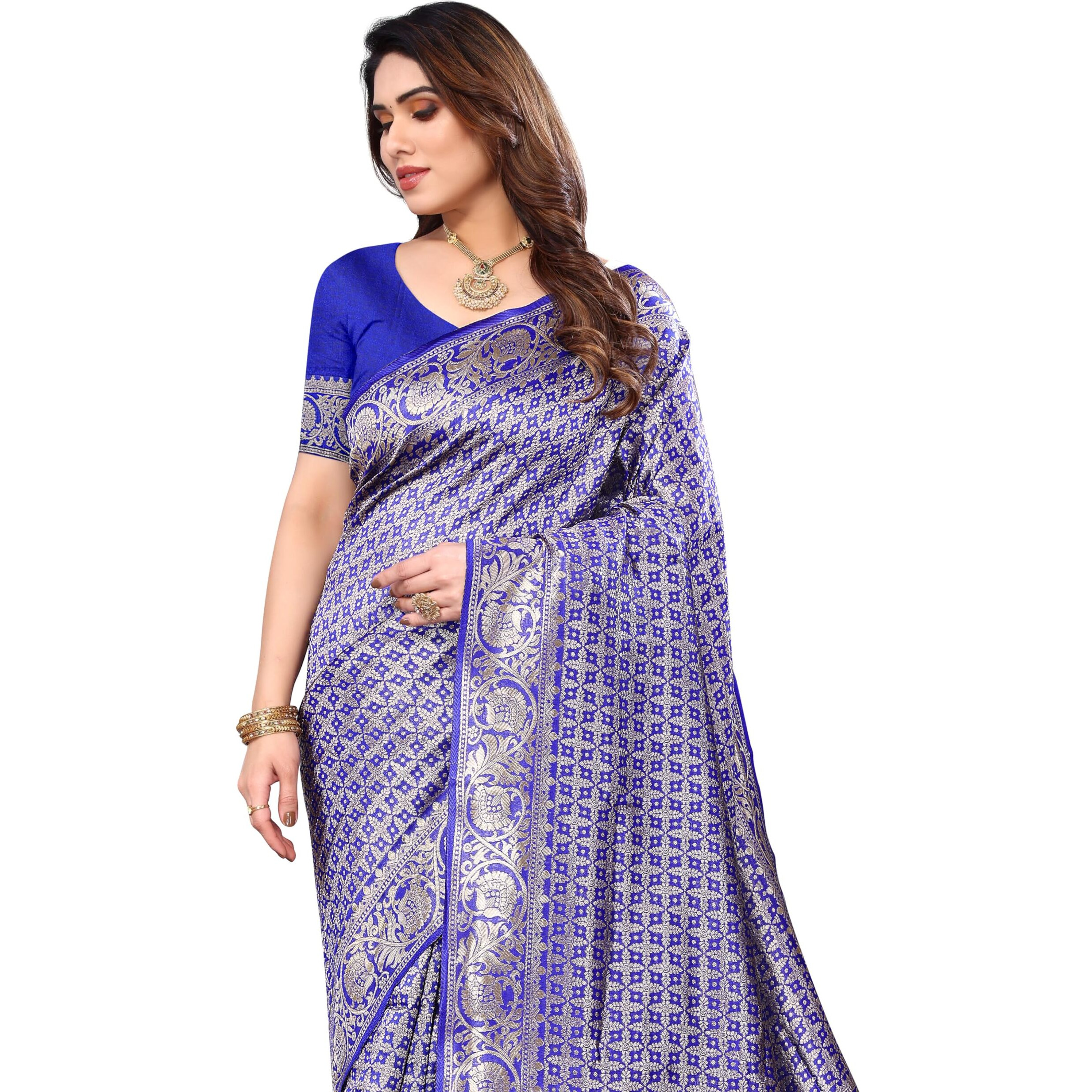 StyleScope Women's Banarasi Silk Jacquard Kanjivaram Saree With Litchi Silk Unstitched Blouse Piece (Silk Khasturi Royal Blue_Royal Blue_Free Size)