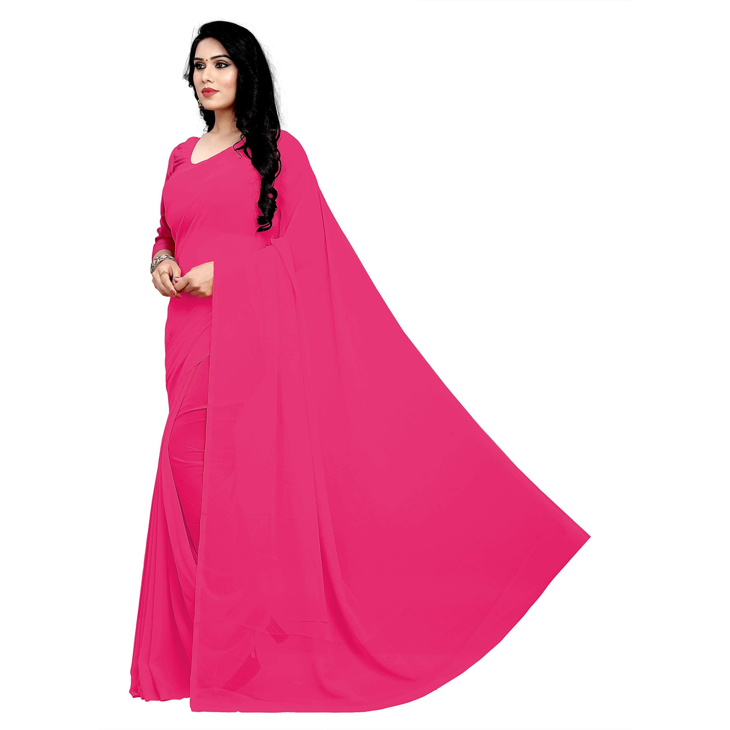 StyleScope Women's Georgette Plain Saree With Georgette Plain Unstitched Blouse Piece.(Dark Pink)