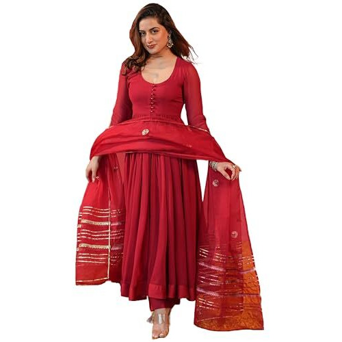 ANNI DESIGNER Women's Rayon Blend Anarkali Solid Kurta with Pant & Dupatta (JAYNTI RED_XXL_Red_XX-Large)