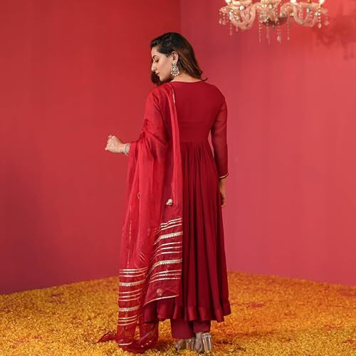 ANNI DESIGNER Women's Rayon Blend Anarkali Solid Kurta with Pant & Dupatta (JAYNTI RED_XXL_Red_XX-Large)