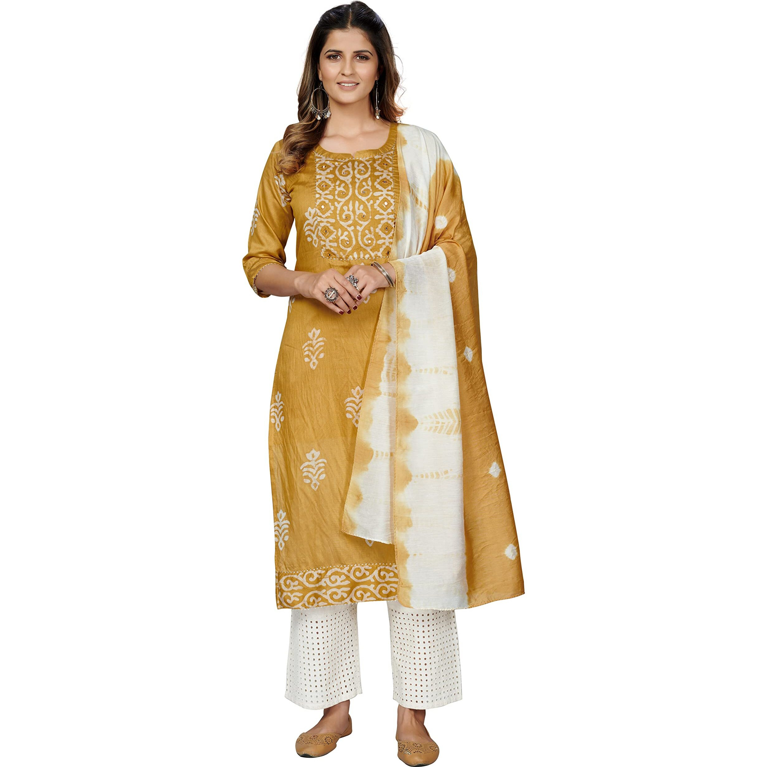 Vbuyz Women's Chanderi Batik Print Straight Stitched Kurta With Dupatta (VF-KU-1702-40_Yellow_L)