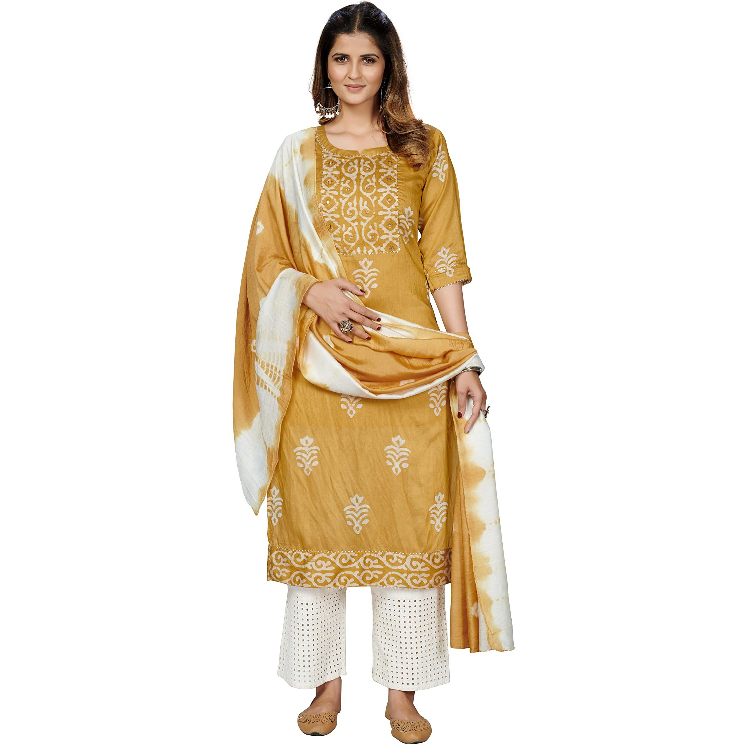 Vbuyz Women's Chanderi Batik Print Straight Stitched Kurta With Dupatta (VF-KU-1702-40_Yellow_L)