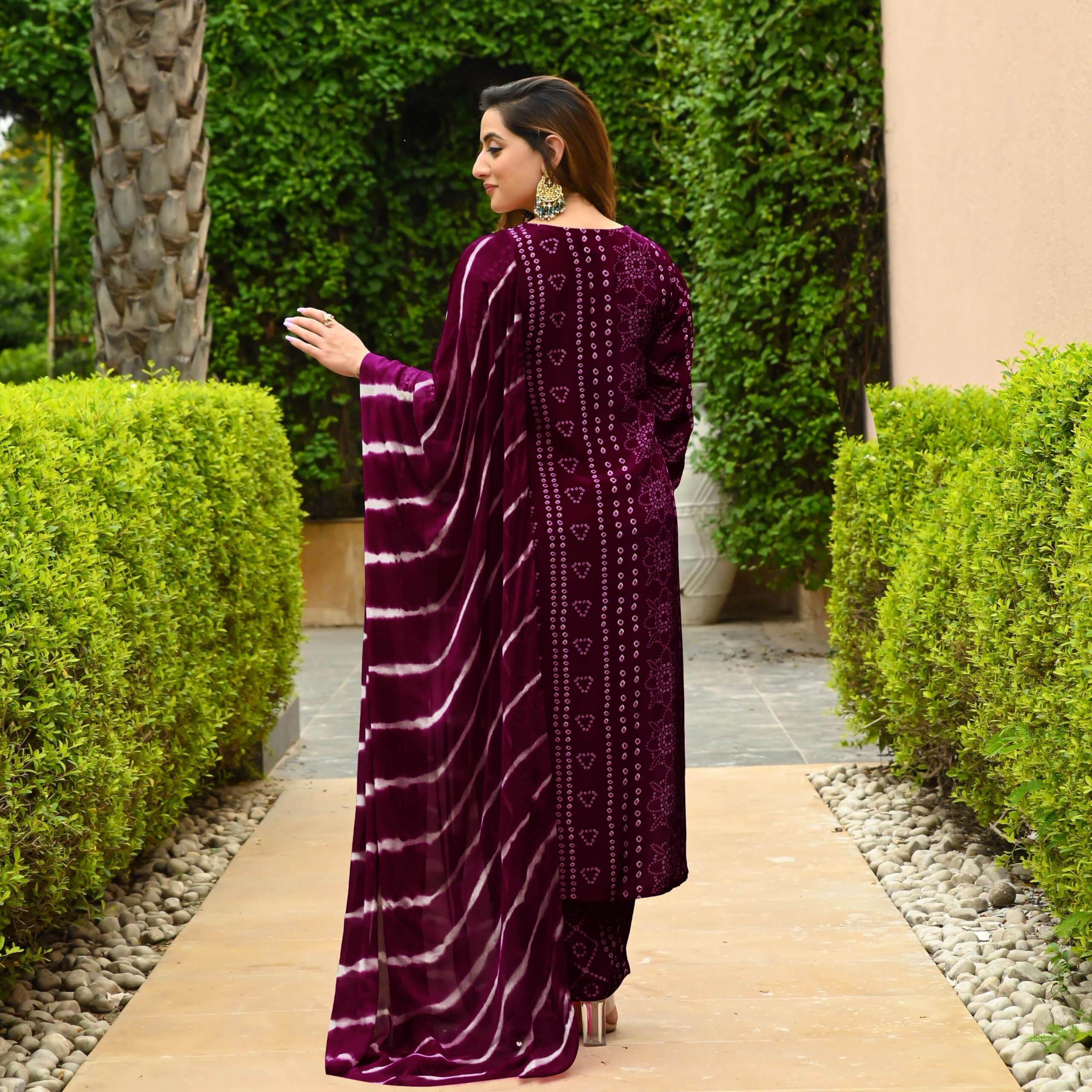 GoSriKi Women's Rayon Blend Straight Bandhej Printed Kurta with Pant & Dupatta (Baghira Wine-GS_M_Wine_Medium)