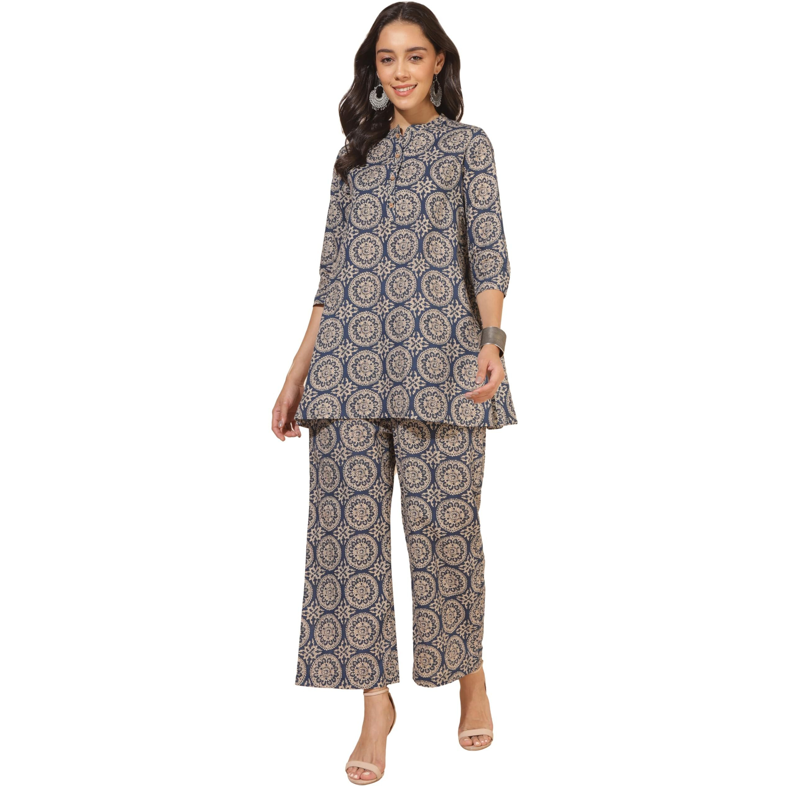 Janasya Women's Blue Cotton Ethnic Motifs Tunic with Palazzo(SET707-TU-PP-S)