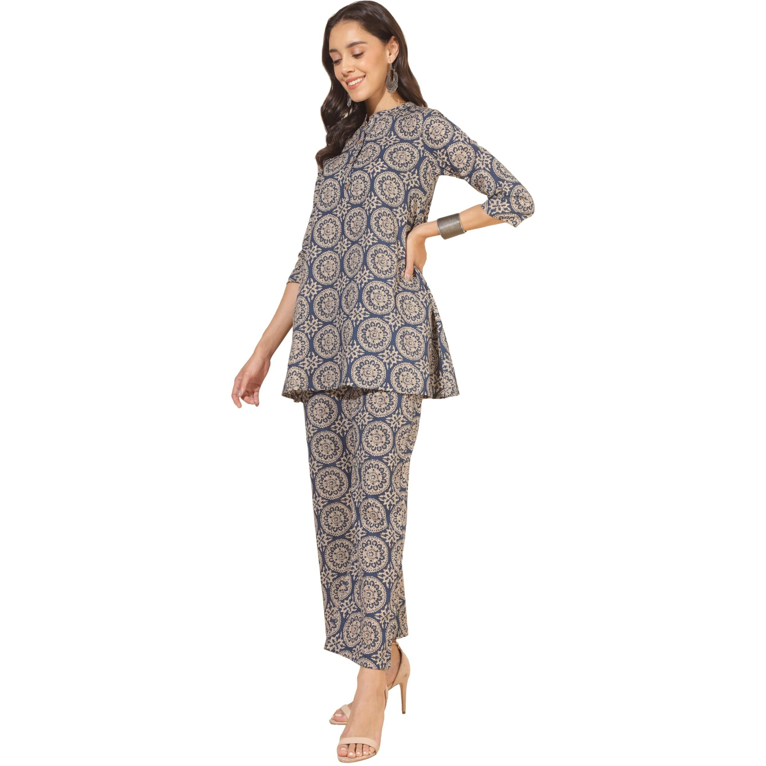 Janasya Women's Blue Cotton Ethnic Motifs Tunic with Palazzo(SET707-TU-PP-S)