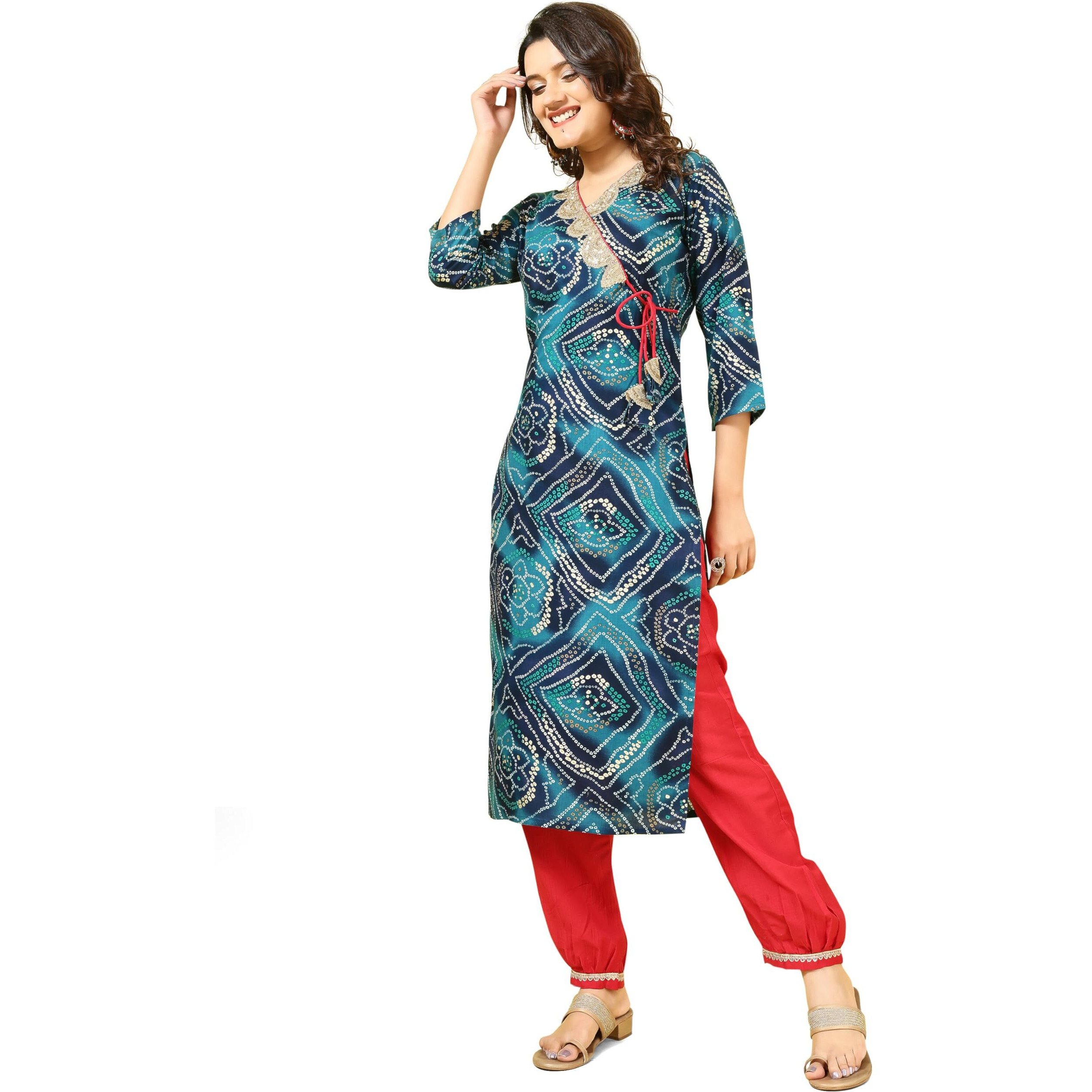 Youthnic Women's Pure Rayon Bandhani Print Embroidery Straight Knot Kurta