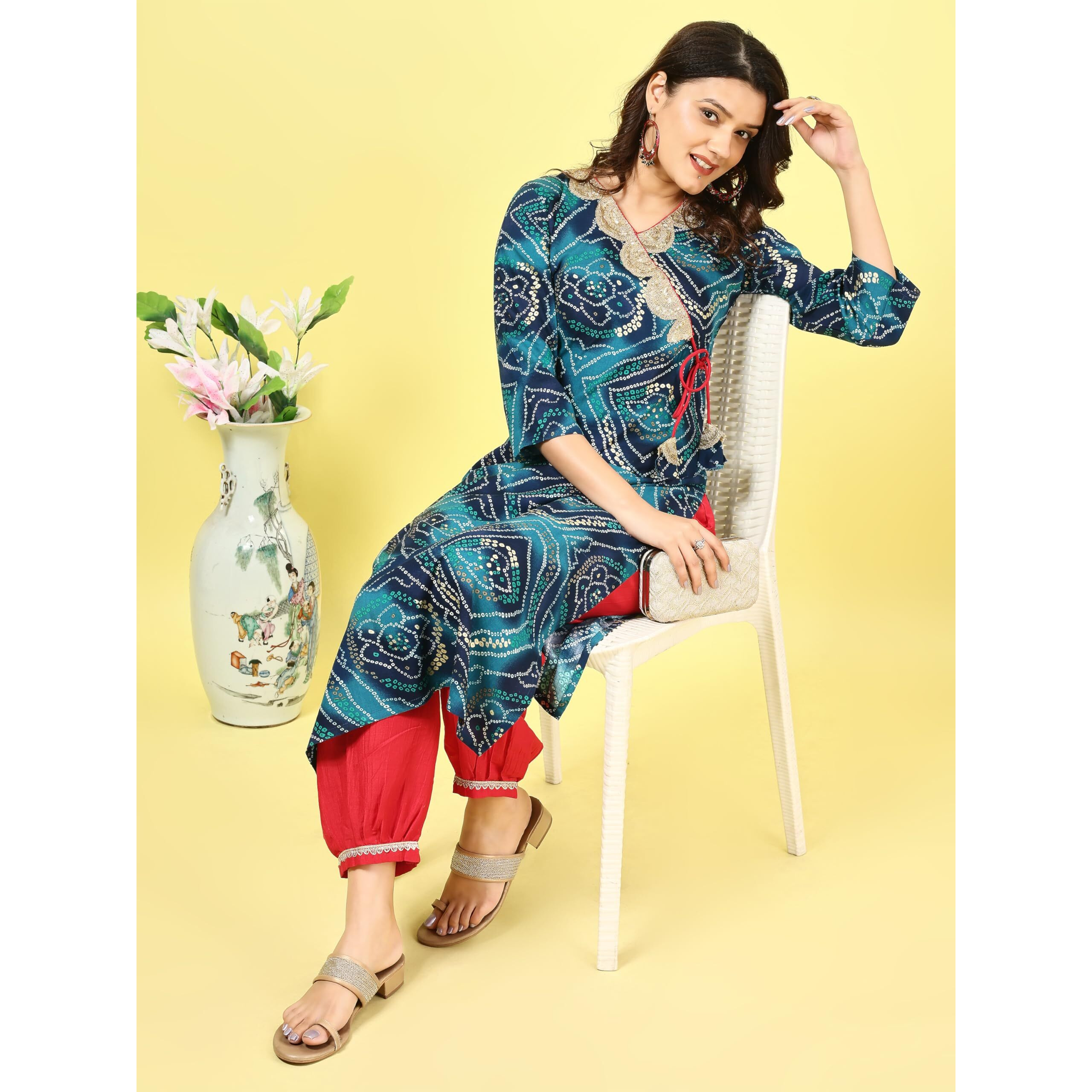 Youthnic Women's Pure Rayon Bandhani Print Embroidery Straight Knot Kurta