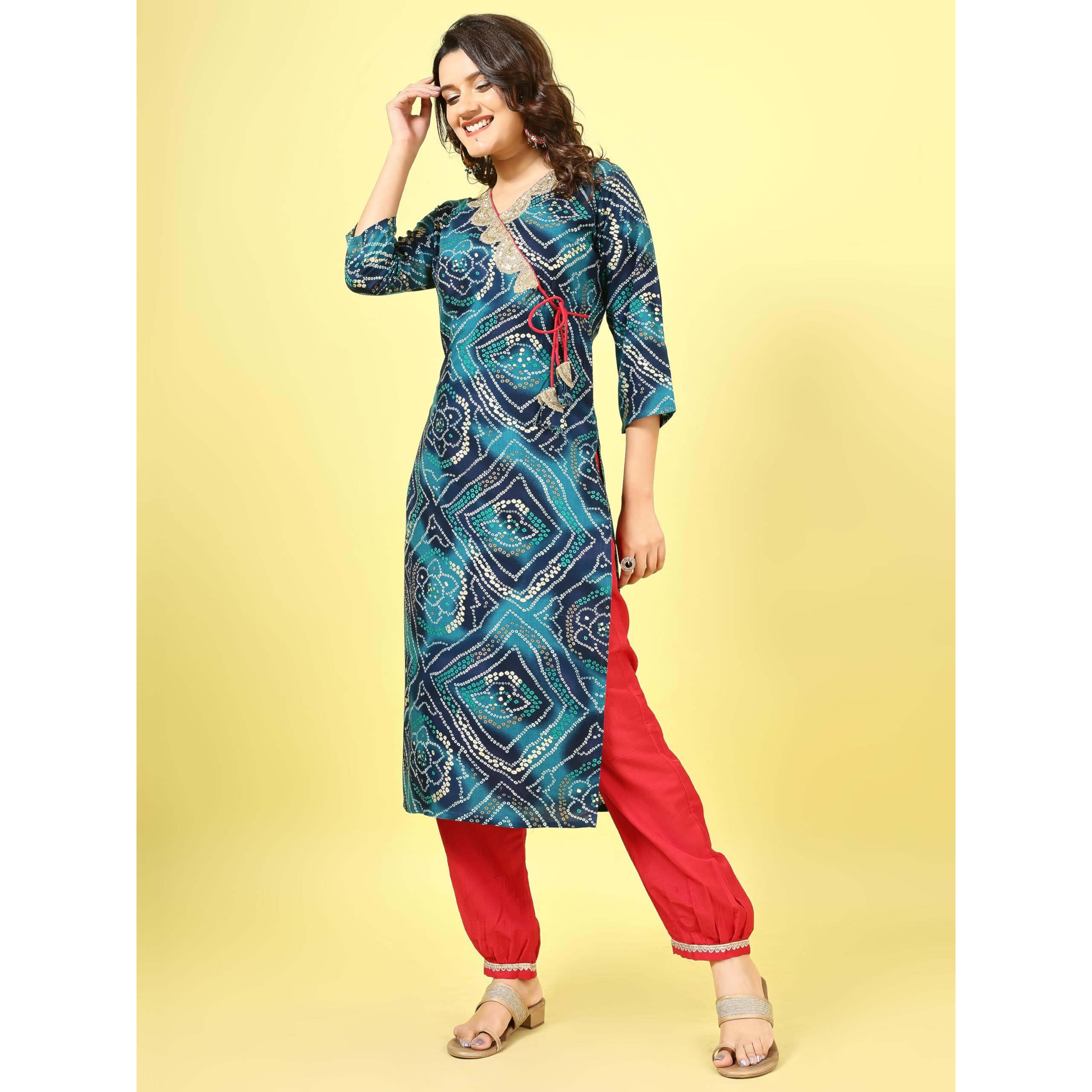 Youthnic Women's Pure Rayon Bandhani Print Embroidery Straight Knot Kurta