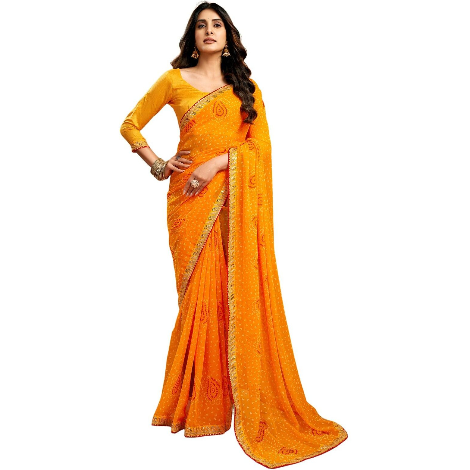 Satrani Women's Georgette Bandhani Printed Saree with Unstitched Blouse Piece (4010S261N_Yellow)