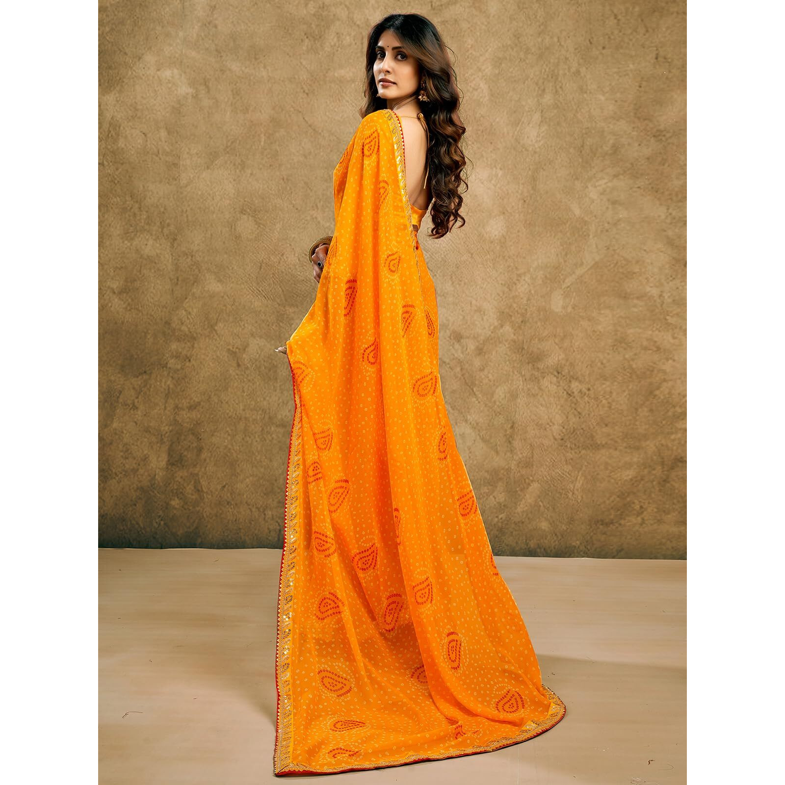 Satrani Women's Georgette Bandhani Printed Saree with Unstitched Blouse Piece (4010S261N_Yellow)
