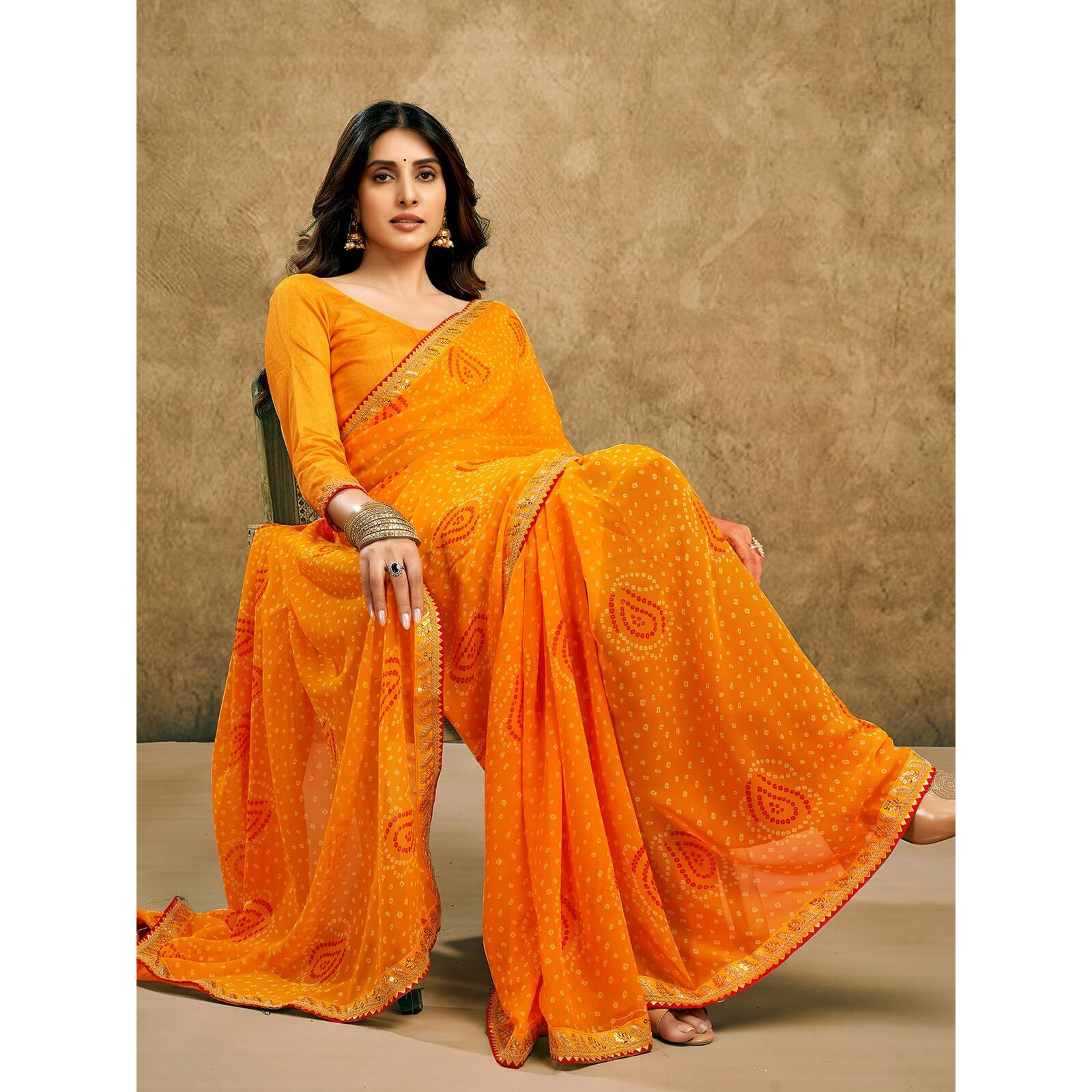 Satrani Women's Georgette Bandhani Printed Saree with Unstitched Blouse Piece (4010S261N_Yellow)