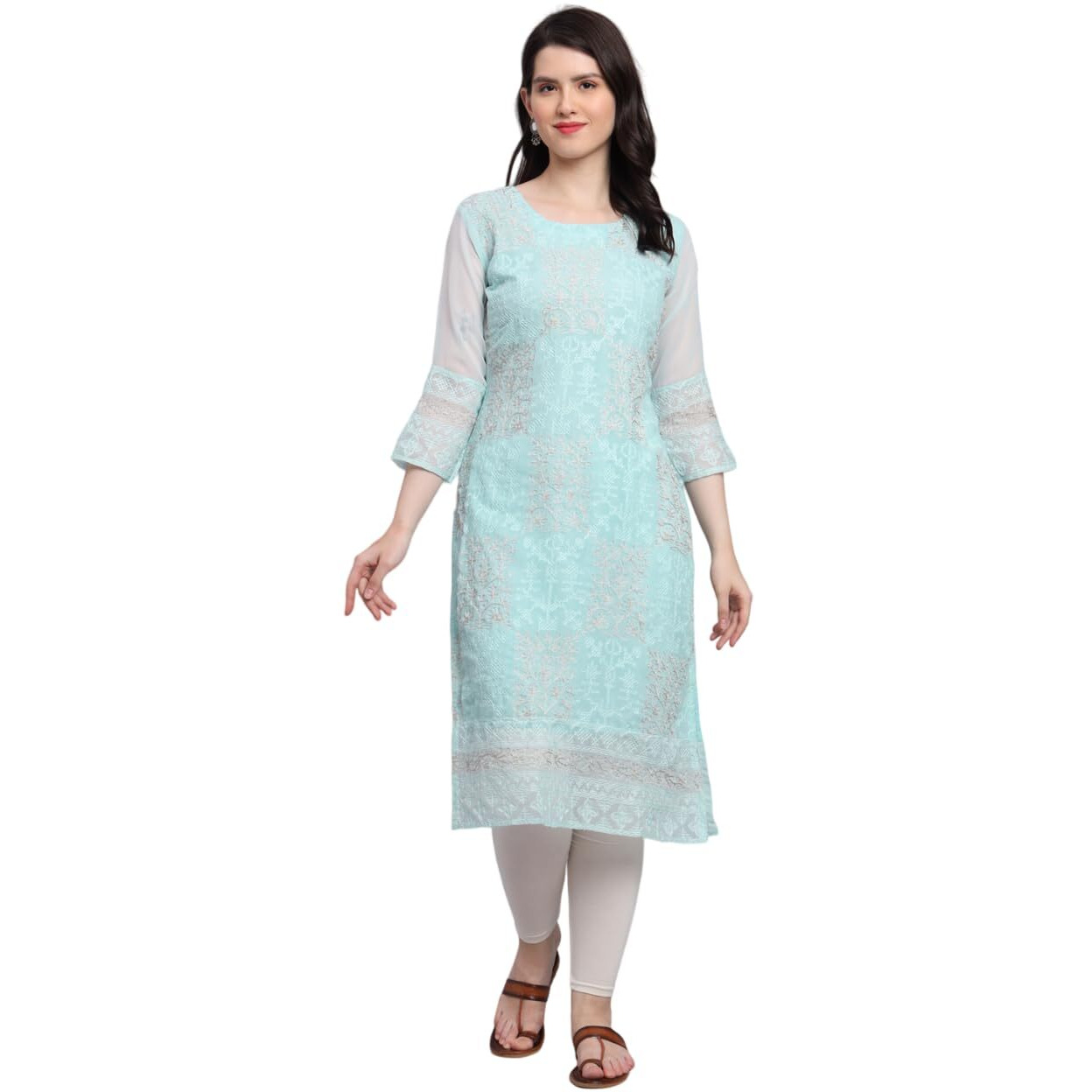 VAIRAGEE Women's Georgette Straight Cut Round Neck Kurta with Beautiful Lucknowi Chickenkari Work (1605) Sky
