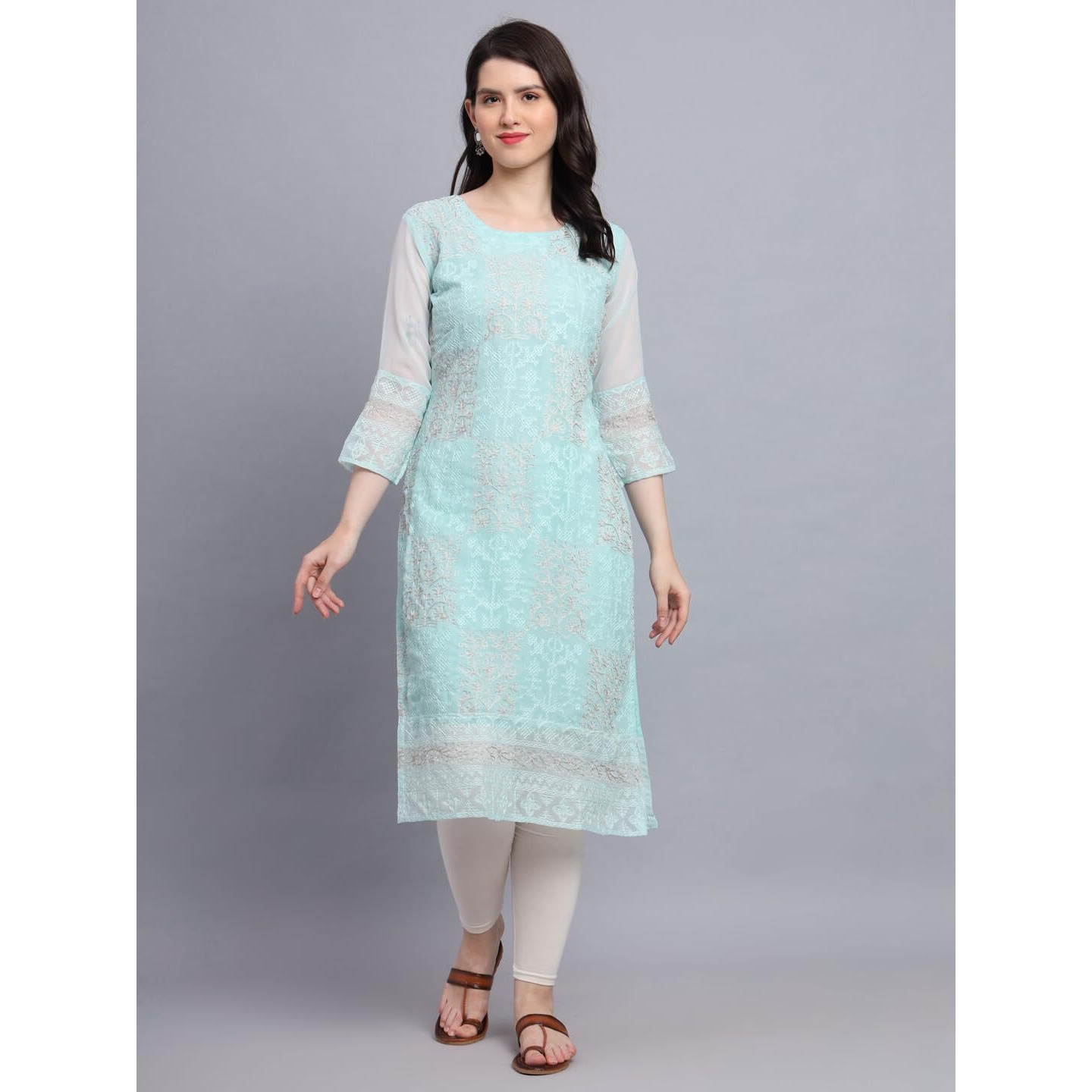 VAIRAGEE Women's Georgette Straight Cut Round Neck Kurta with Beautiful Lucknowi Chickenkari Work (1605) Sky