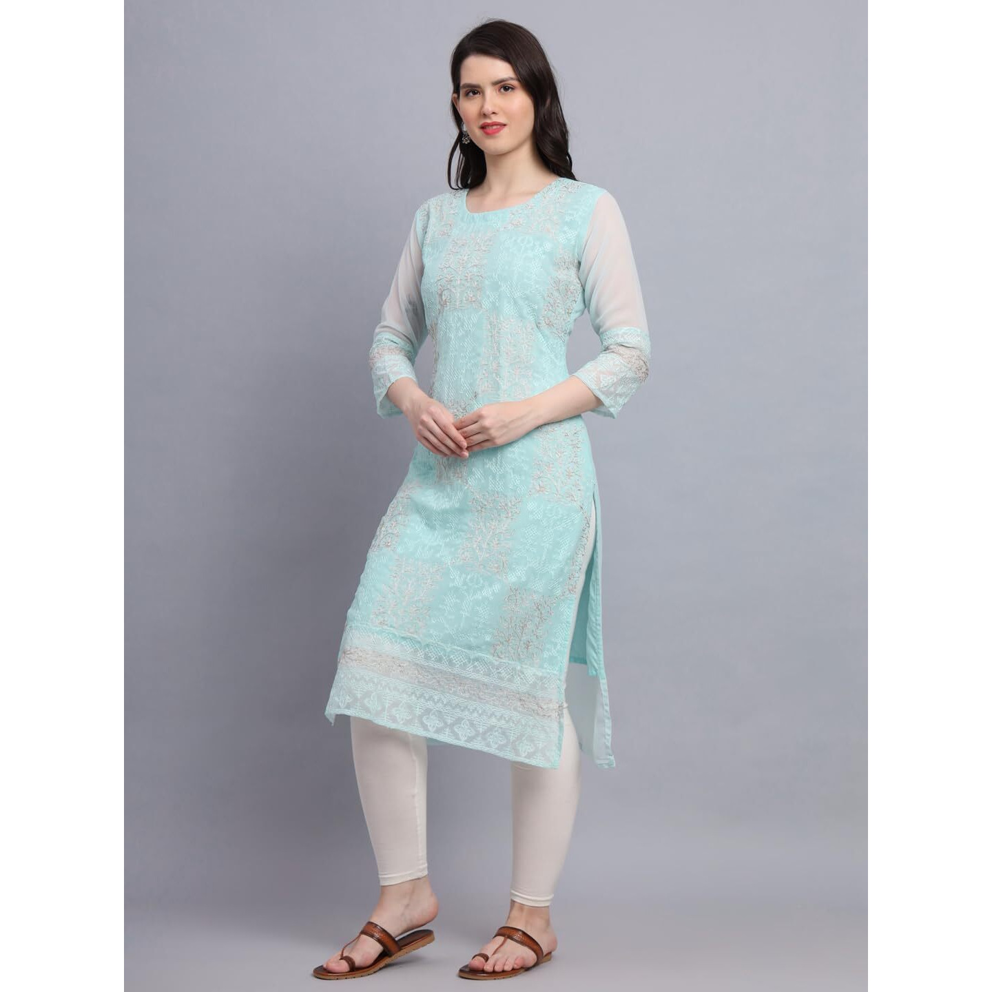VAIRAGEE Women's Georgette Straight Cut Round Neck Kurta with Beautiful Lucknowi Chickenkari Work (1605) Sky
