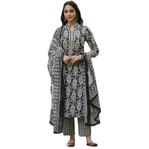 NAINVISH Women's Rayon Printed Straight V-Neck Kurta Pant with Dupatta (SD685_KBD-L_Black)