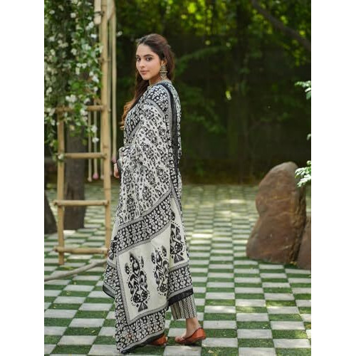 NAINVISH Women's Rayon Printed Straight V-Neck Kurta Pant with Dupatta (SD685_KBD-L_Black)
