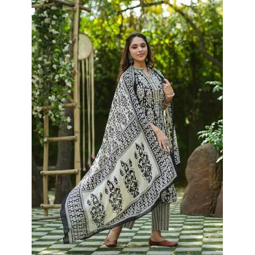 NAINVISH Women's Rayon Printed Straight V-Neck Kurta Pant with Dupatta (SD685_KBD-L_Black)
