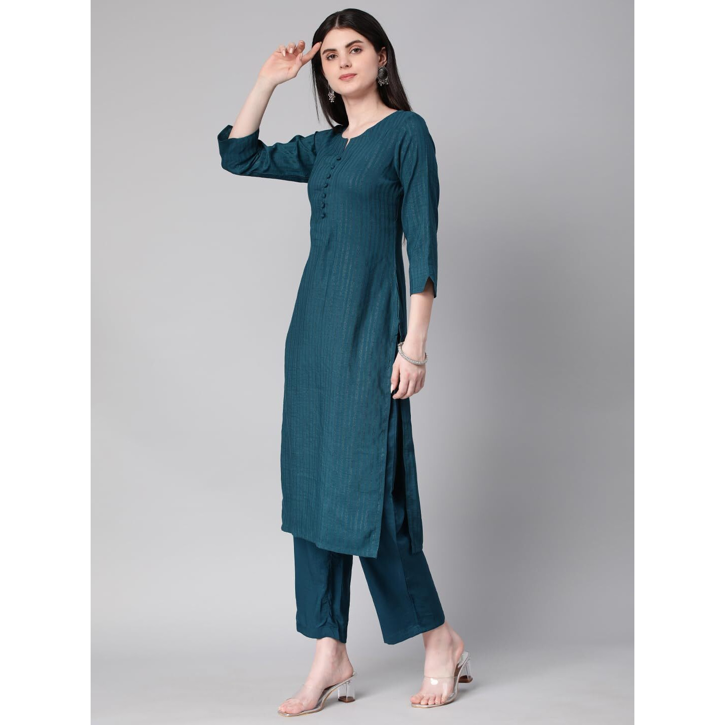 Hritika Self Design Viscose Rayon Teal Kurta & Trousers Set_(HRKB0048TEAL_M)