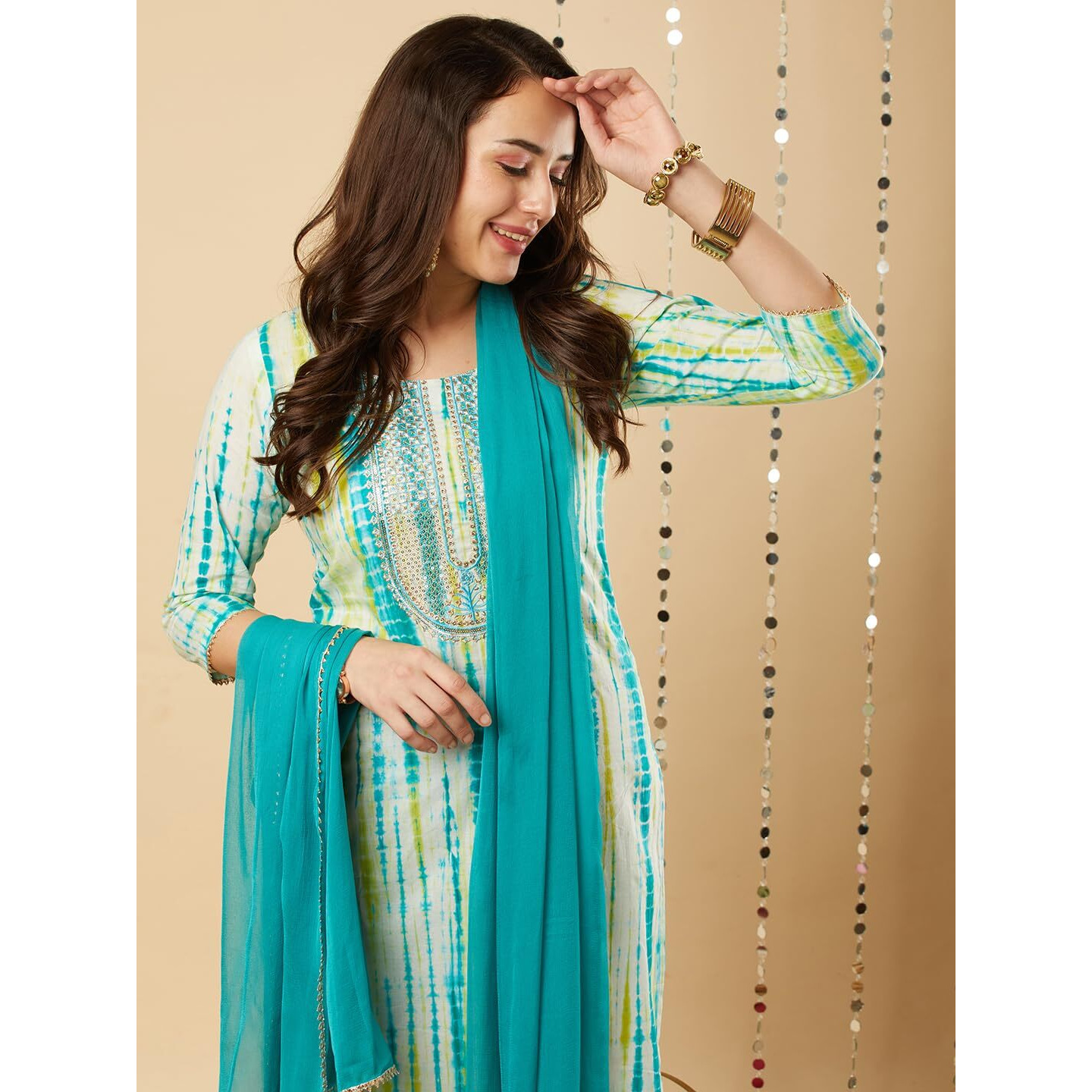 ANNI DESIGNER Women's Cotton Blend Straight Printed Kurta with Pant & Dupatta (Tiedye-RAMA Blue_XXL_Blue_XX-Large)