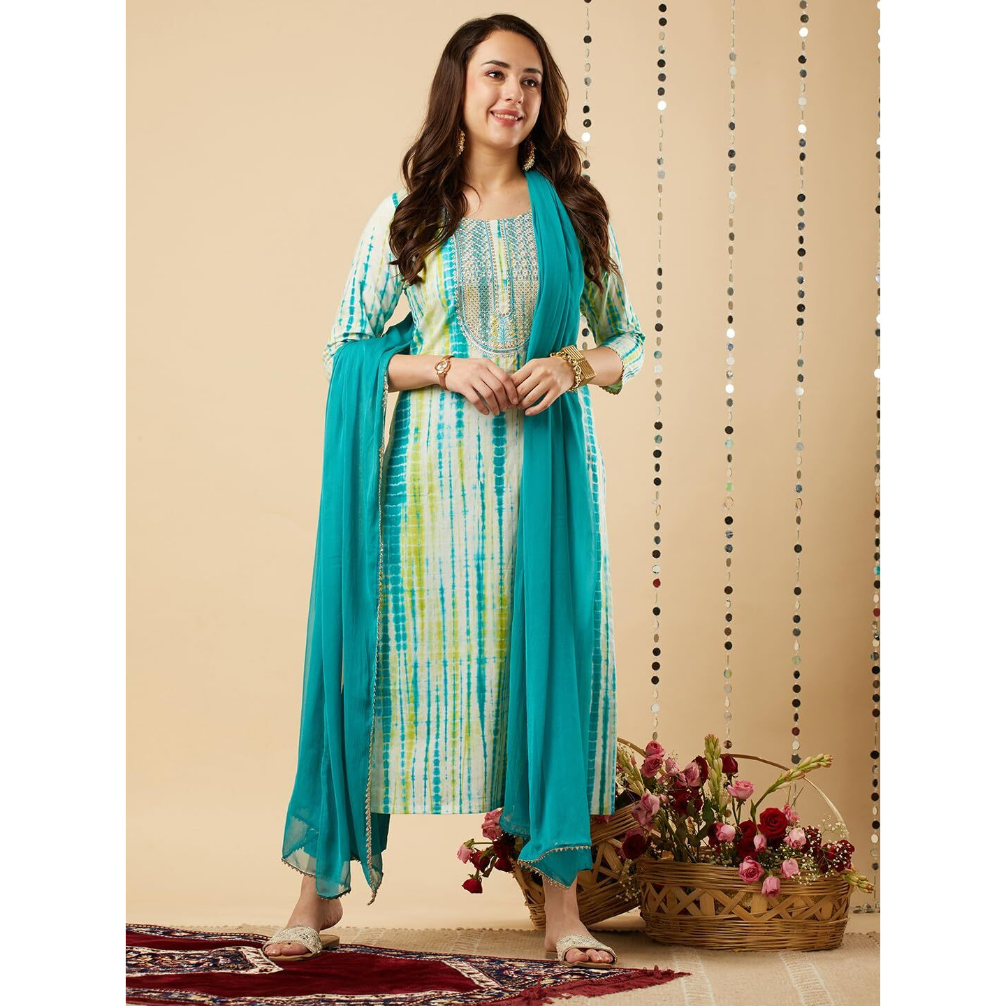 ANNI DESIGNER Women's Cotton Blend Straight Printed Kurta with Pant & Dupatta (Tiedye-RAMA Blue_XXL_Blue_XX-Large)