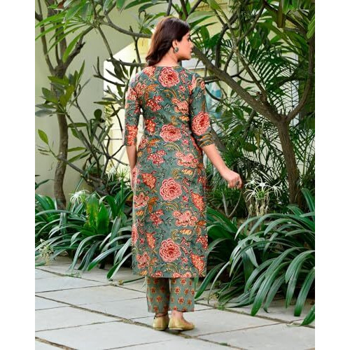 ANNI DESIGNER Women's Cotton Blend Straight Printed Kurta with Pant & Dupatta (FTA Green_L_Green_Large)