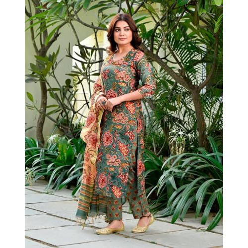 ANNI DESIGNER Women's Cotton Blend Straight Printed Kurta with Pant & Dupatta (FTA Green_L_Green_Large)