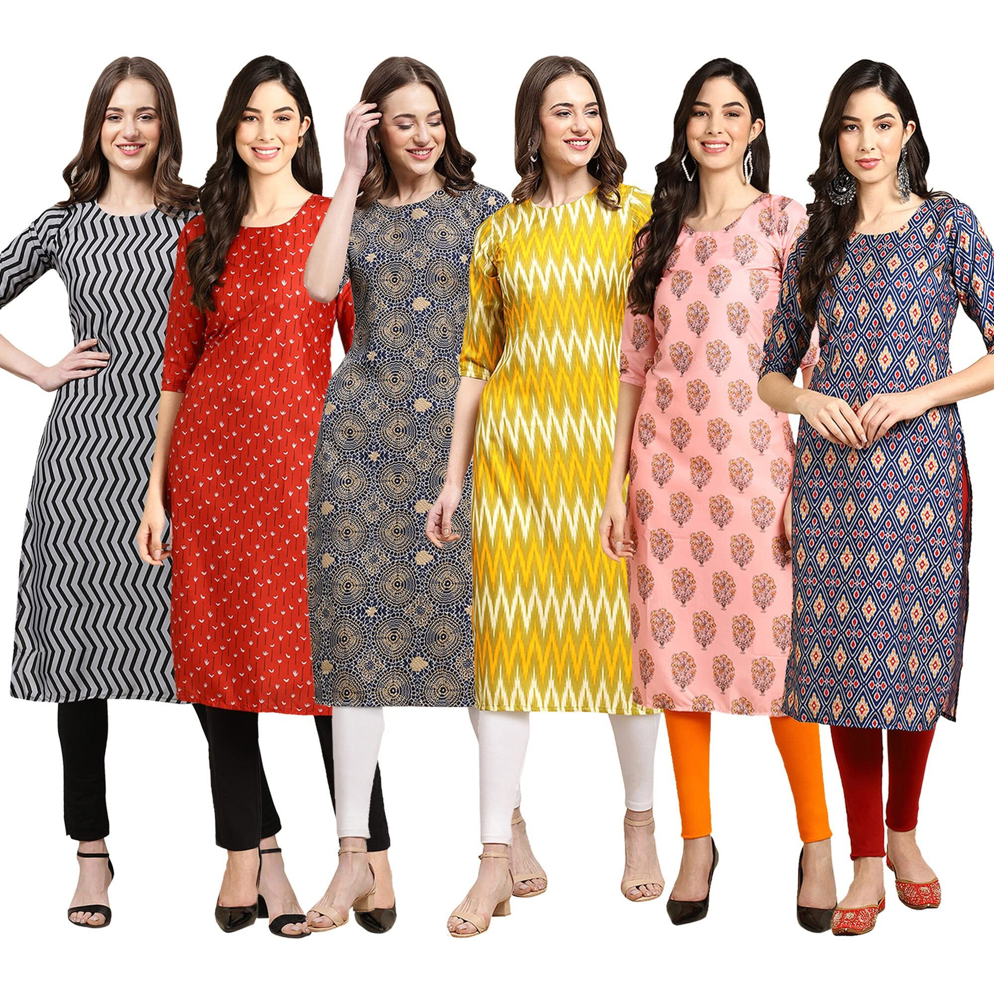 Pinkmint Women's Crepe Digital Print Straight Kurta Pack of 6 [CR-336-370-341-329-368-358-S]