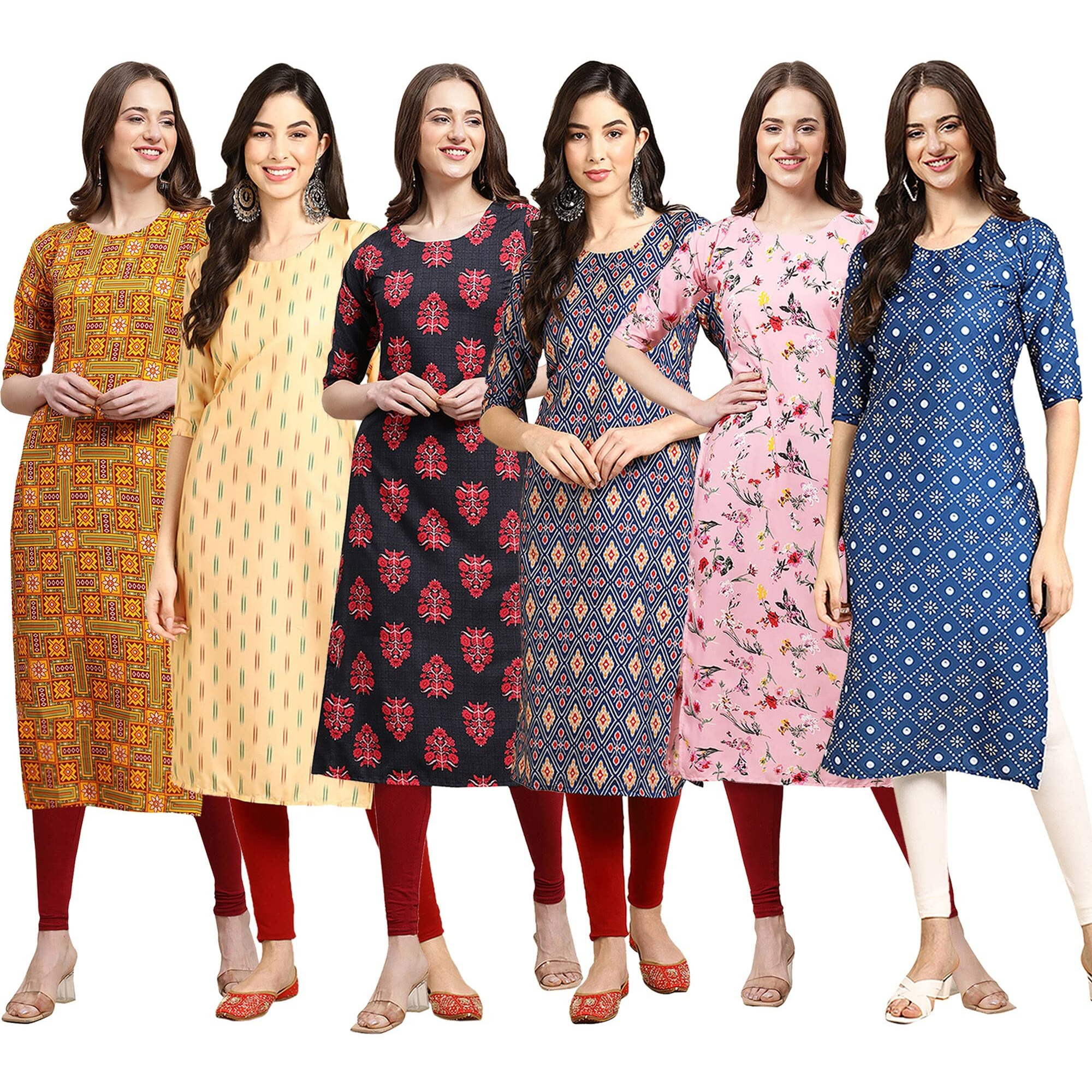 Pinkmint Women's Crepe Digital Print Straight Kurta Pack of 6 [CR-333-360-345-358-339-353-M]