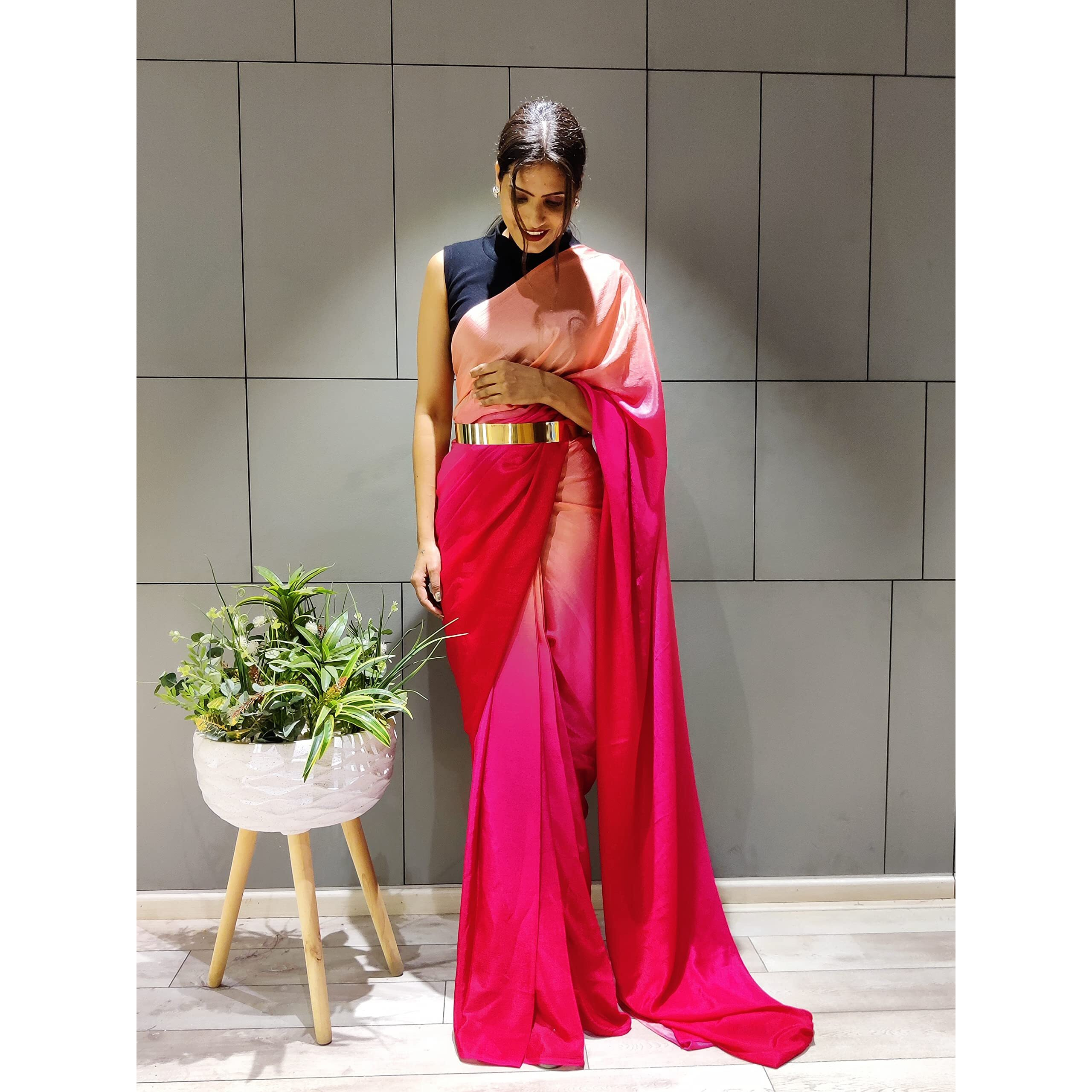 StyleScope Women's Chinon Plain Shaded Ready To Wear Saree With Satin Banglori/Art Silk Plain Unstitched Blouse Piece.(Rani Pink,Peach)