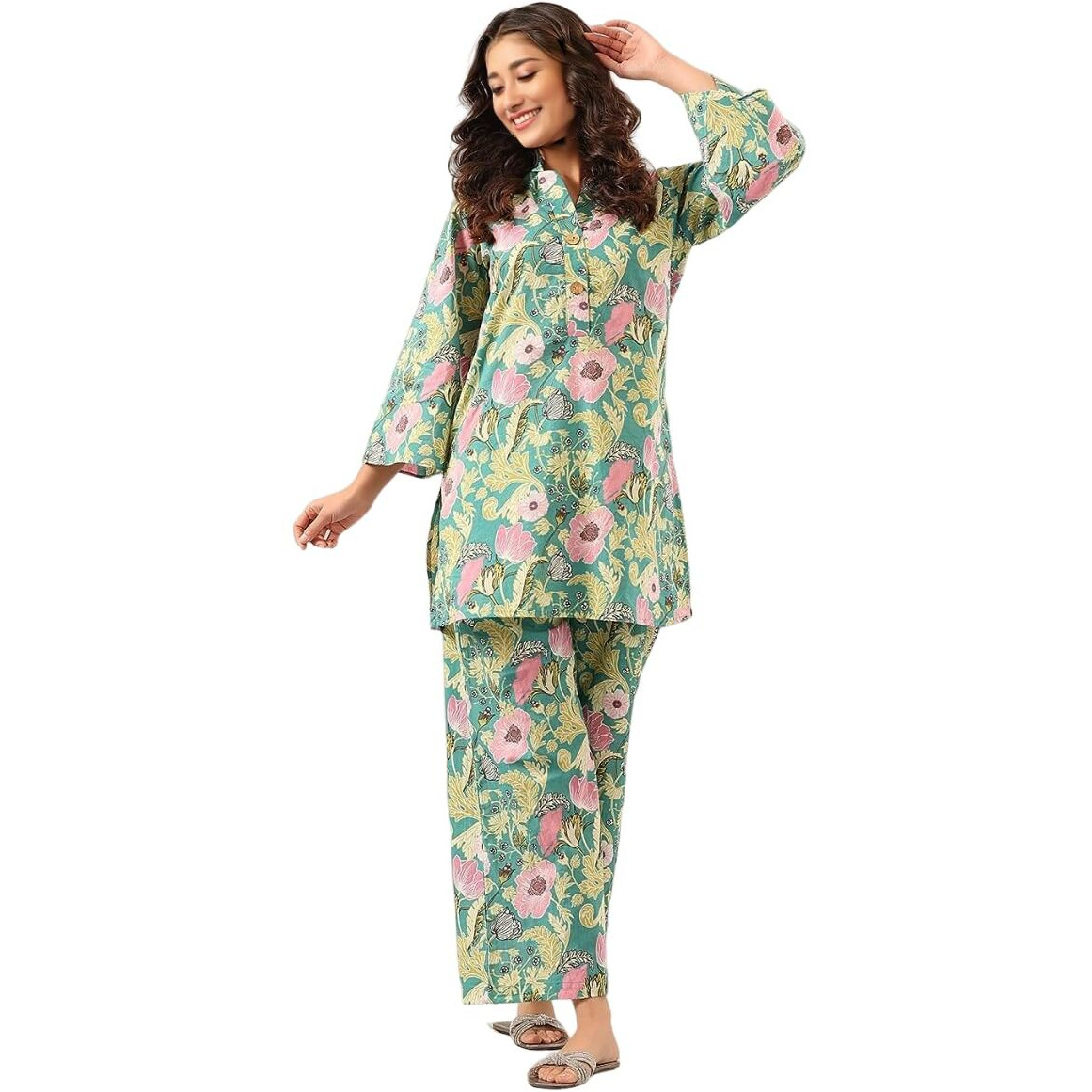 LookMark Women's Trendy Printed Cotton Blend Straight Light Green Color Kurta and Palazzo Set (KS2075-L)