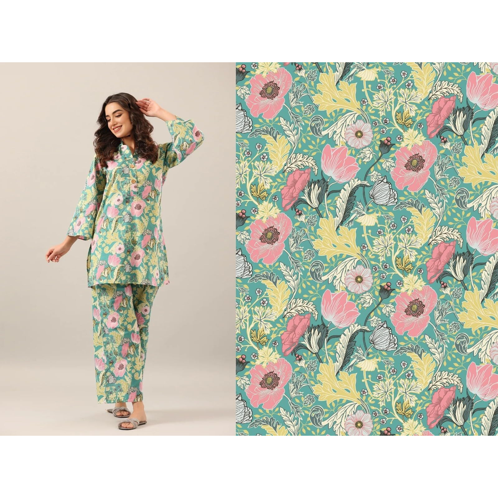 LookMark Women's Trendy Printed Cotton Blend Straight Light Green Color Kurta and Palazzo Set (KS2075-L)