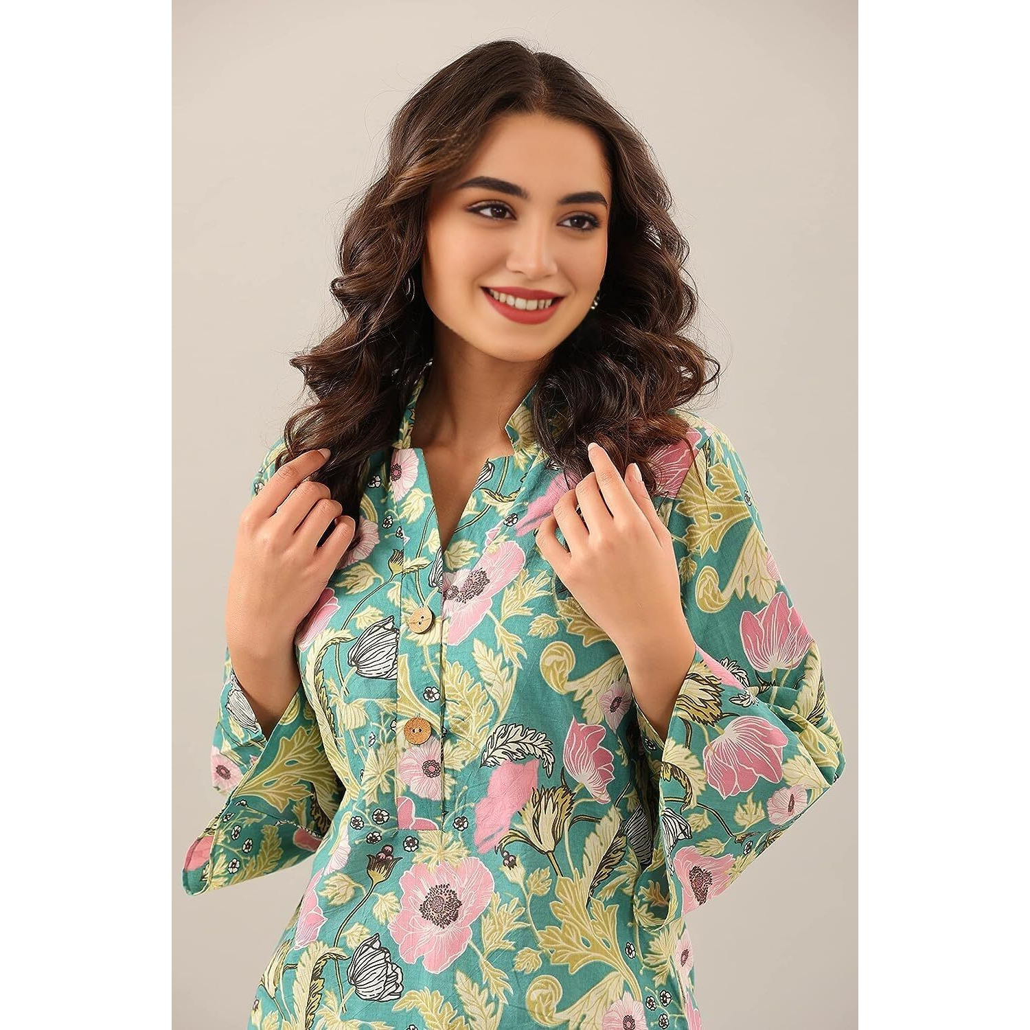 LookMark Women's Trendy Printed Cotton Blend Straight Light Green Color Kurta and Palazzo Set (KS2075-L)