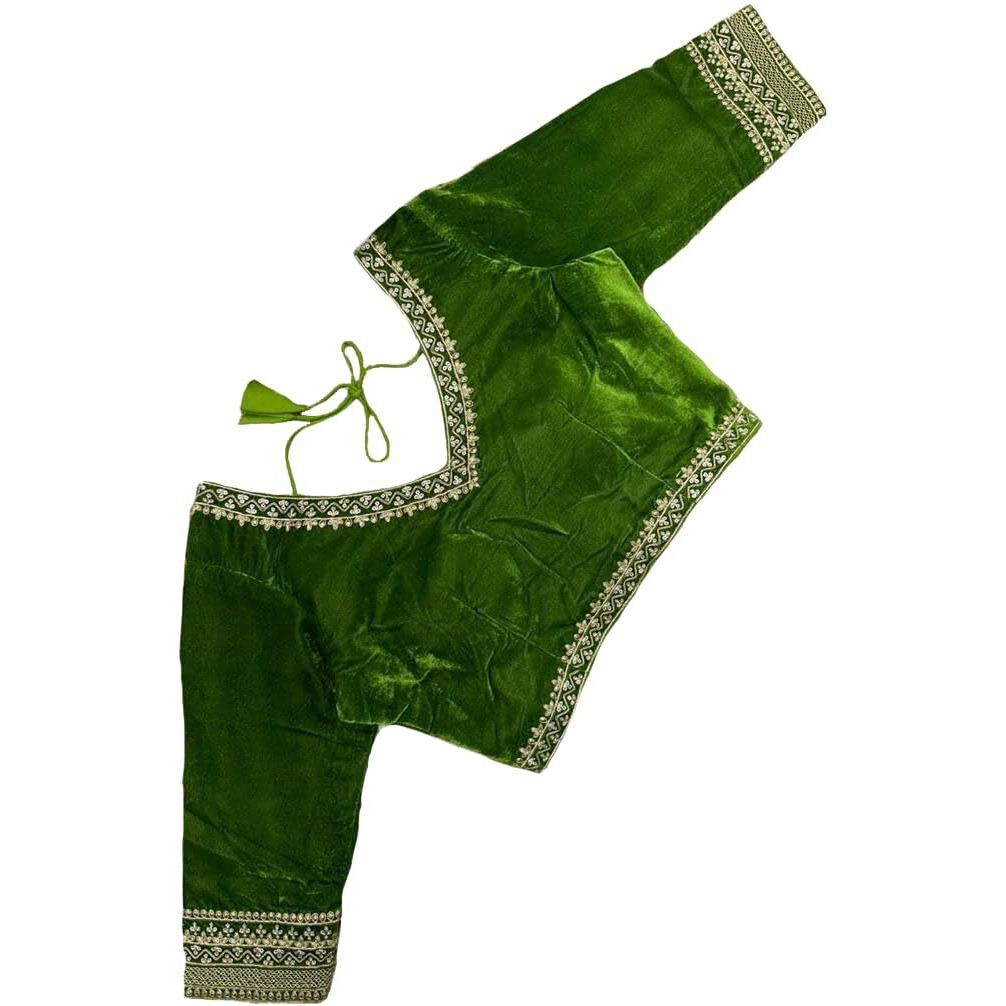 Pujia Mills Women's Velvet Blouse for Women Readymade Blouse Half Sleeves Embroidery Blouse aari Work Blouse Readymade Saree Blouse Choli for Women Readymade Choli Blouse (Velvet 501 Mehndi Green 32)