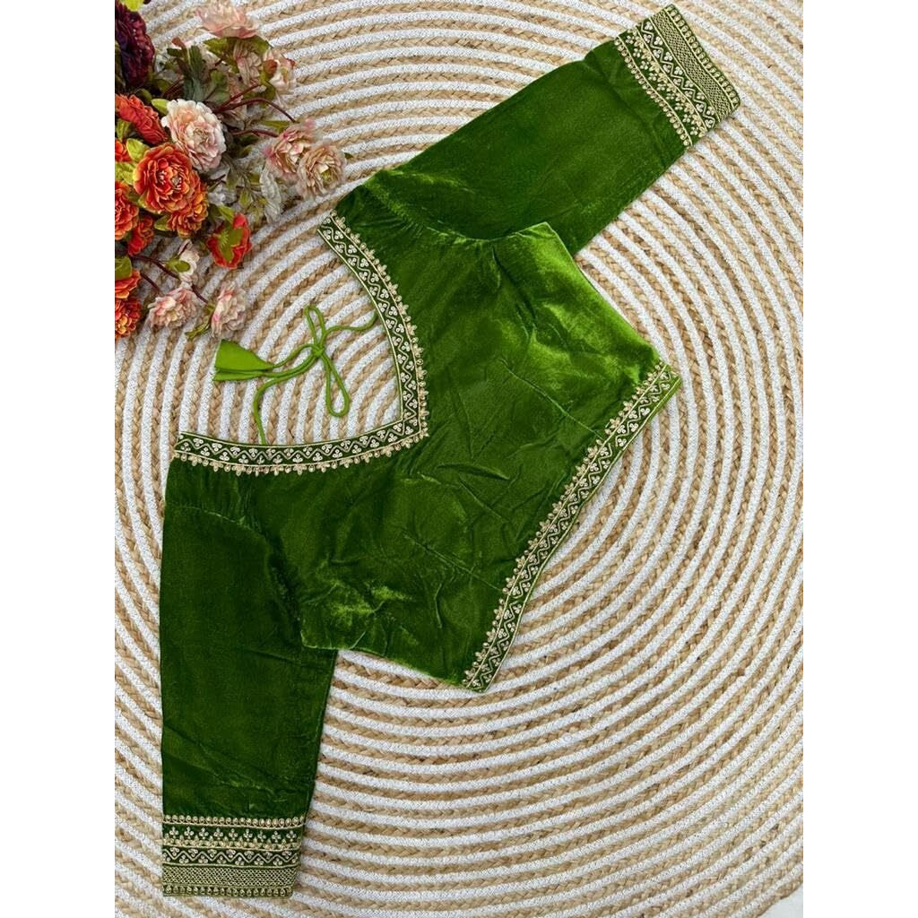 Pujia Mills Women's Velvet Blouse for Women Readymade Blouse Half Sleeves Embroidery Blouse aari Work Blouse Readymade Saree Blouse Choli for Women Readymade Choli Blouse (Velvet 501 Mehndi Green 32)