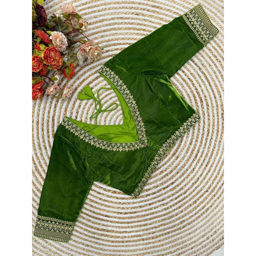 Pujia Mills Women's Velvet Blouse for Women Readymade Blouse Half Sleeves Embroidery Blouse aari Work Blouse Readymade Saree Blouse Choli for Women Readymade Choli Blouse (Velvet 501 Mehndi Green 32)