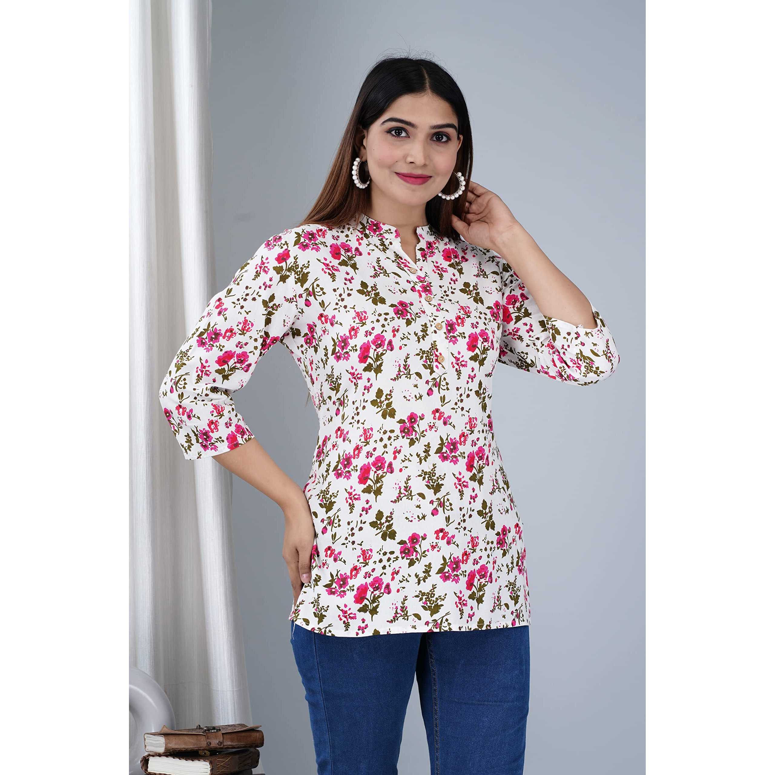 Jikonet Women's Regular Straight Short Kurti/Kurta - 527, (XX-Large, Pink Flower)