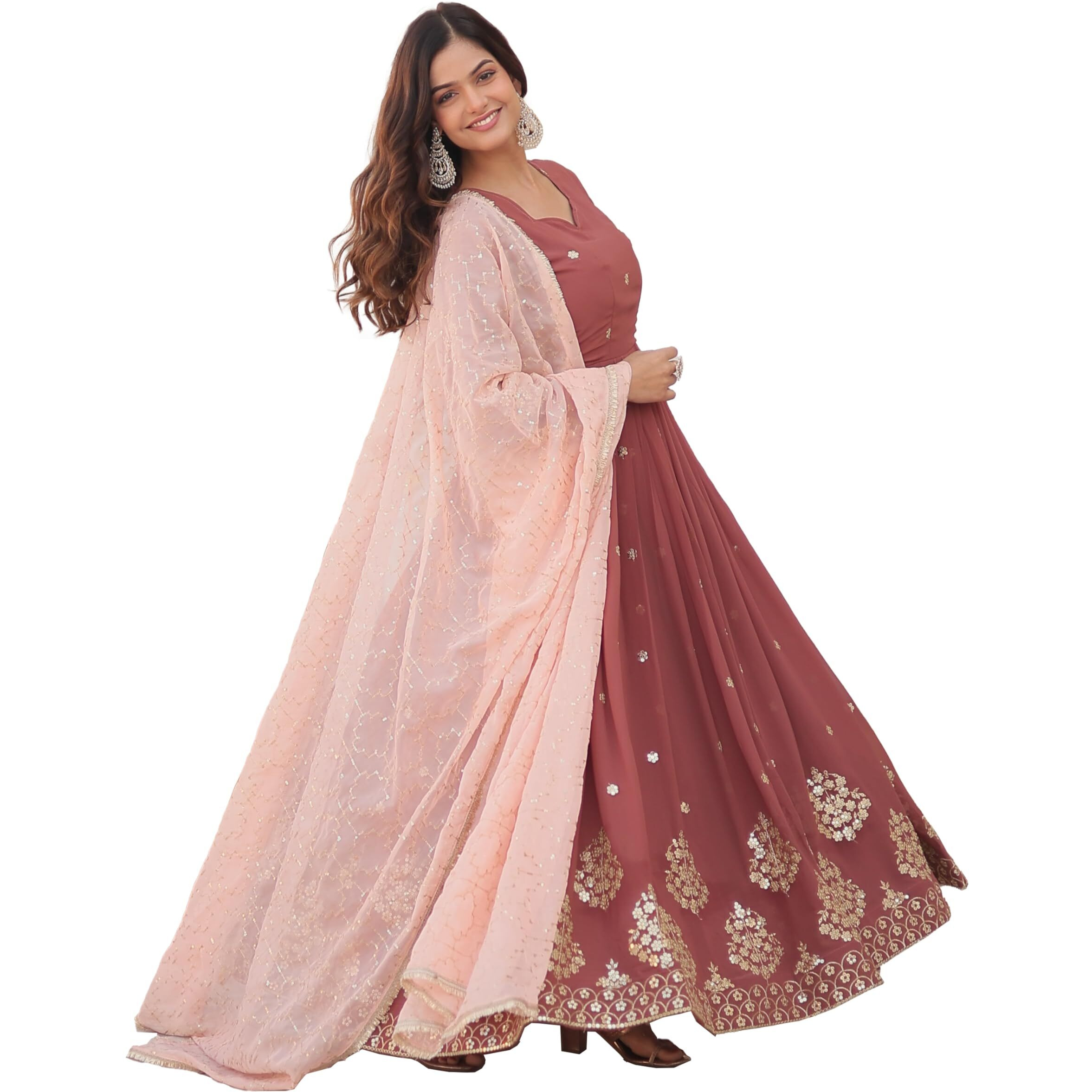 Wedani Faux Georgette Zari Thread Work Anarkali Kurta Set For Women (IN, Alpha, XL, Regular, MAROON)