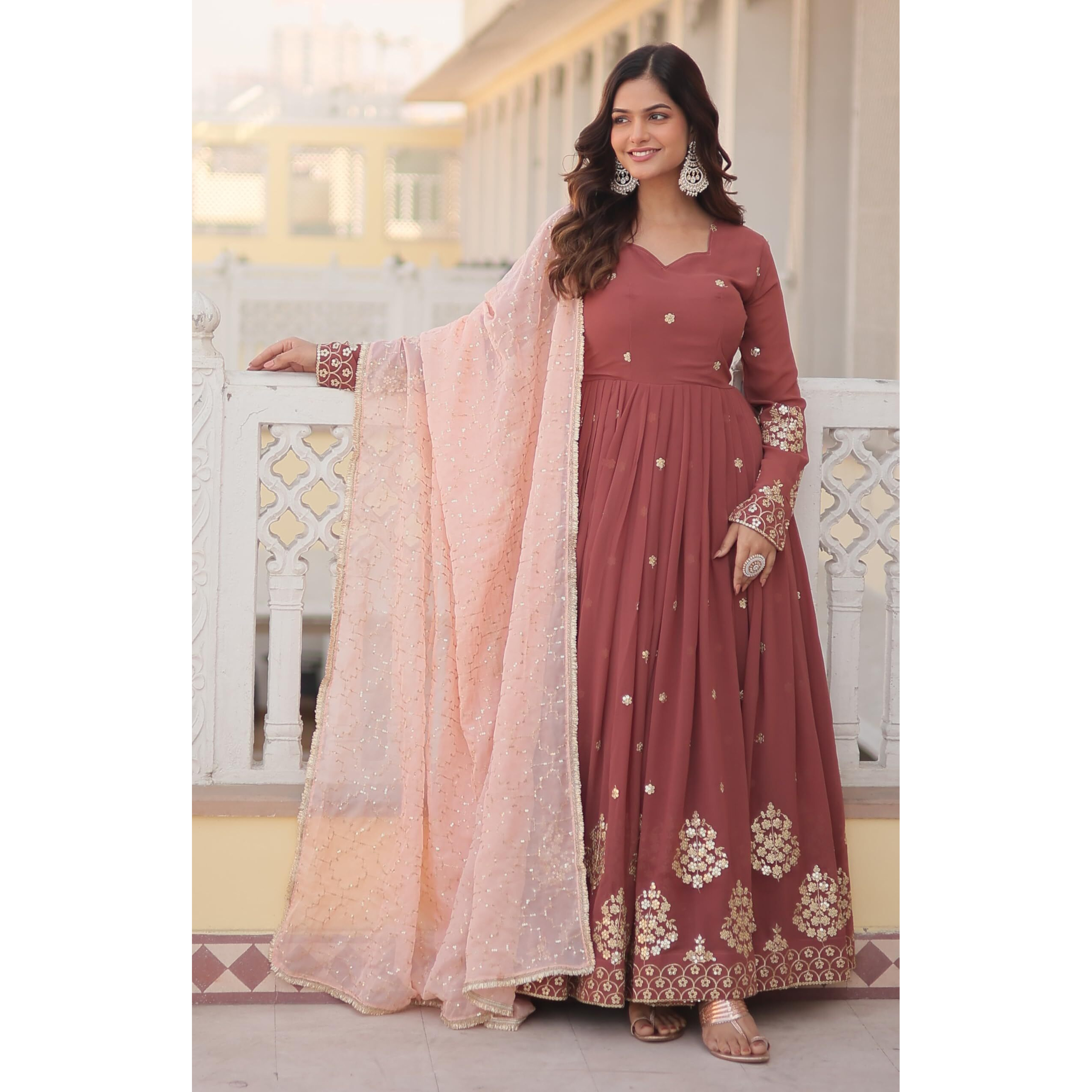 Wedani Faux Georgette Zari Thread Work Anarkali Kurta Set For Women (IN, Alpha, XL, Regular, MAROON)